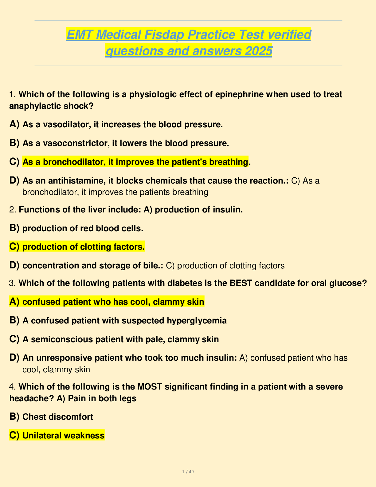 Preview of EMT Medical Fisdap Practice Test verified  questions and answers 2025