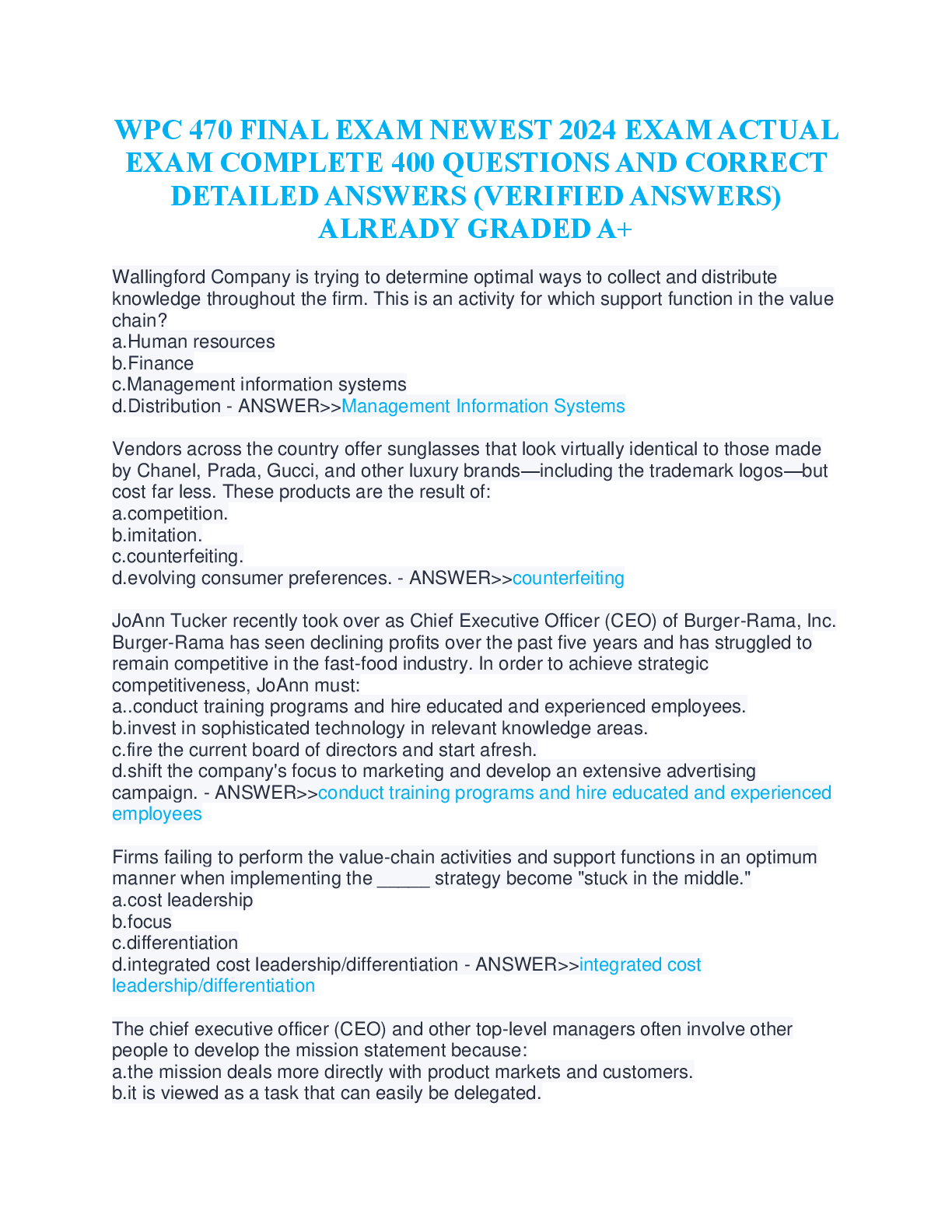 Preview image for WPC 470 FINAL EXAM NEWEST 2024 EXAM ACTUAL  EXAM COMPLETE 400 QUESTIONS AND CORRECT  DETAILED ANSWERS (VERIFIED ANSWERS)  ALREADY GRADED A+
