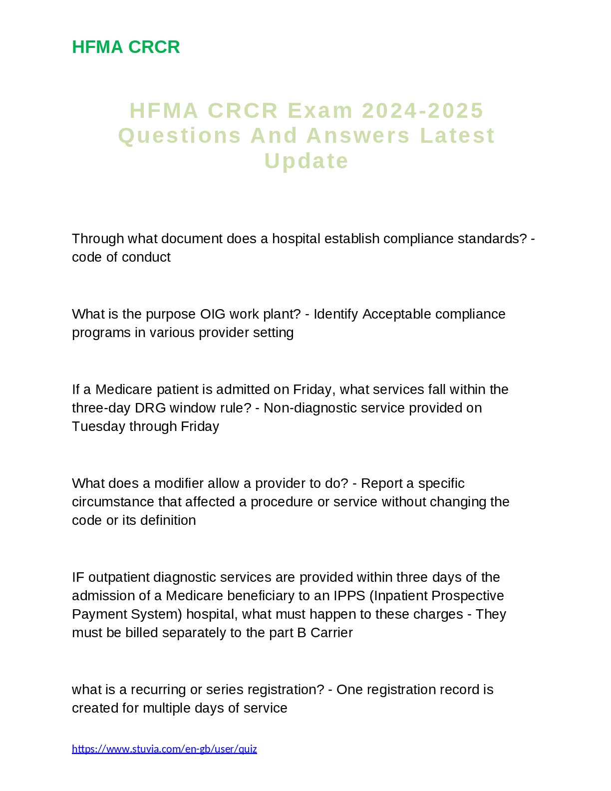 Preview image for HFMA CRCR Exam 2024-2025  Questions And Answers Latest  Update
