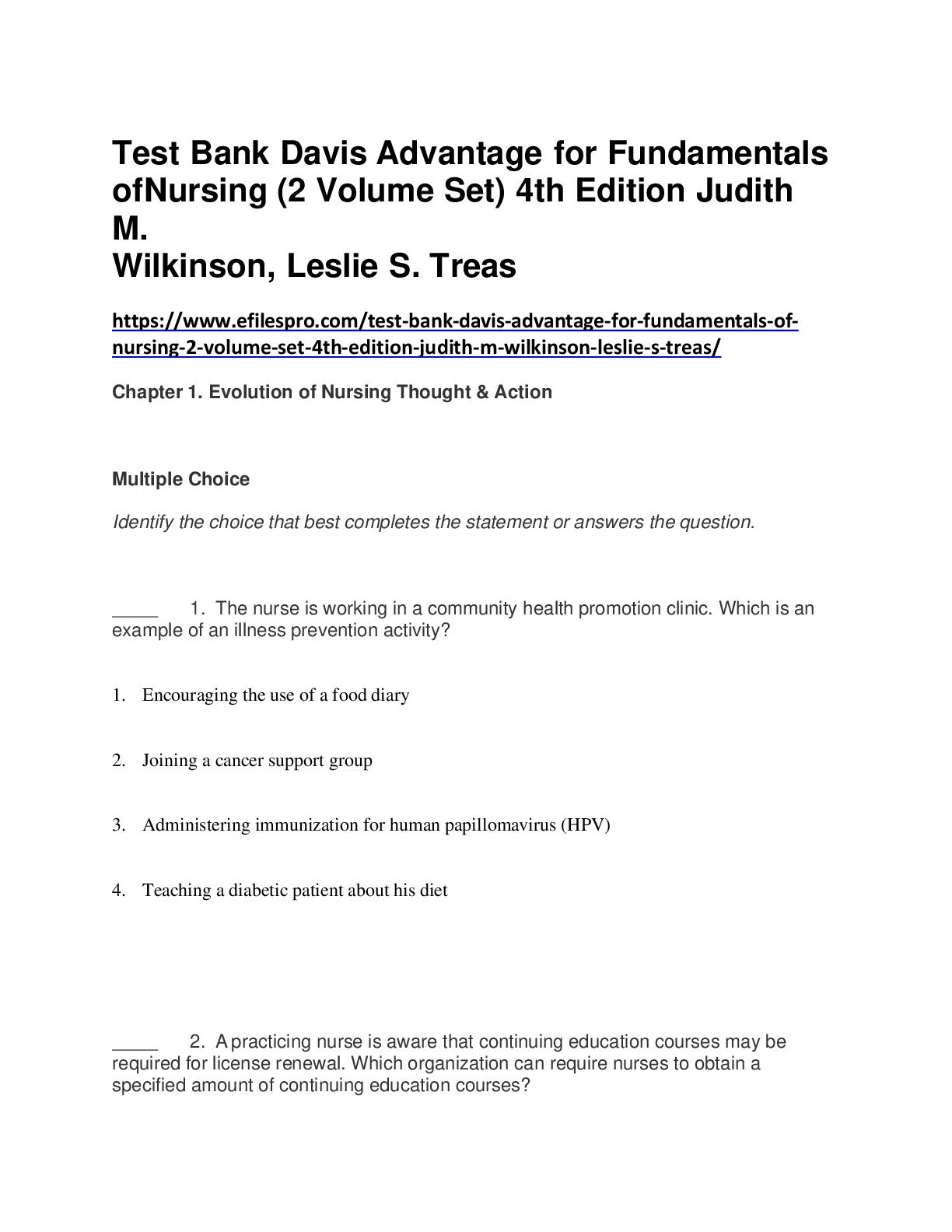 Preview image for Test Bank Davis Advantage for Fundamentals  of       Nursing (2 Volume Set) 4th Edition Judith  M.  Wilkinson, Leslie S. Treas