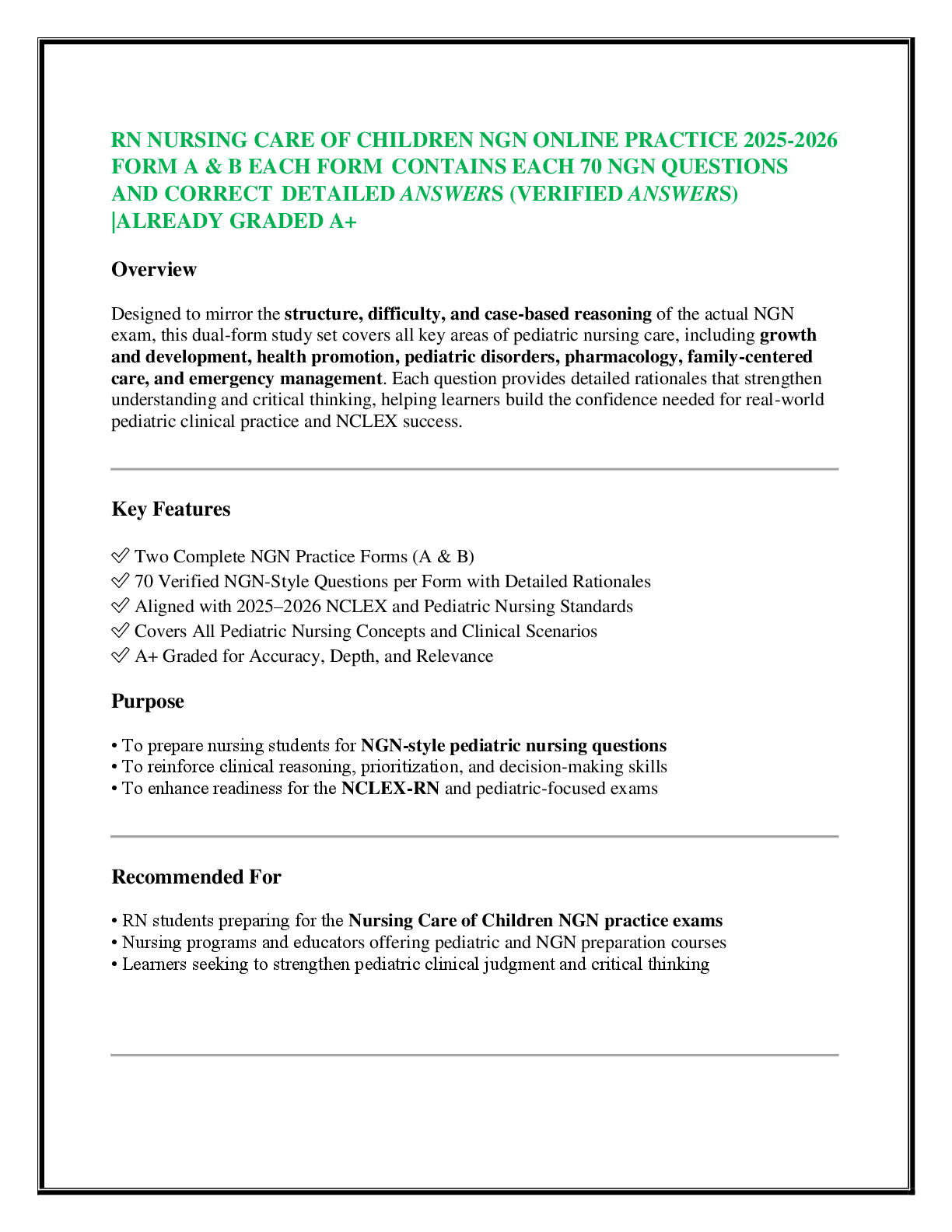 RN NURSING CARE OF CHILDREN NGN ONLINE PRACTICE 2025-2026 FORM A & B EACH FORM  CONTAINS EACH 70 NGN QUESTIONS AND CORRECT  DETAILED ANSWERS (VERIFIED ANSWERS) |ALREADY GRADED A+