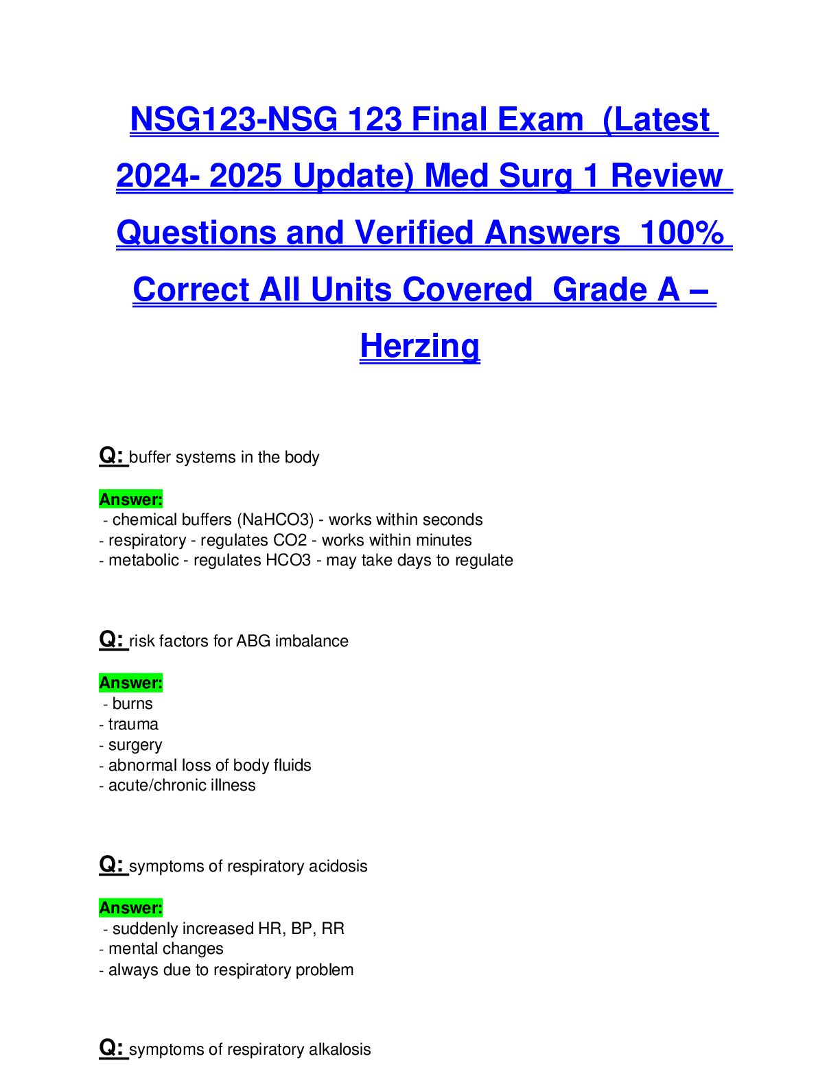 Preview image for NSG123-NSG 123 Final Exam  (Latest  2024- 2025 Update) Med Surg 1 Review  Questions and Verified Answers  100%  Correct All Units Covered  Grade A –  Herzing