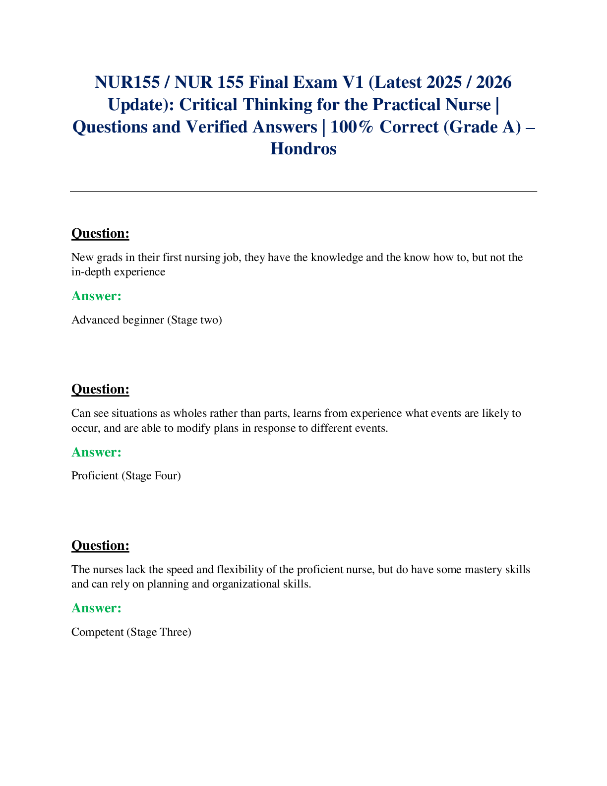 Preview image for NUR155 / NUR 155 Final Exam V1 (Latest 2025 / 2026  Update): Critical Thinking for the Practical Nurse |  Questions and Verified Answers | 100% Correct (Grade A) –  Hondros