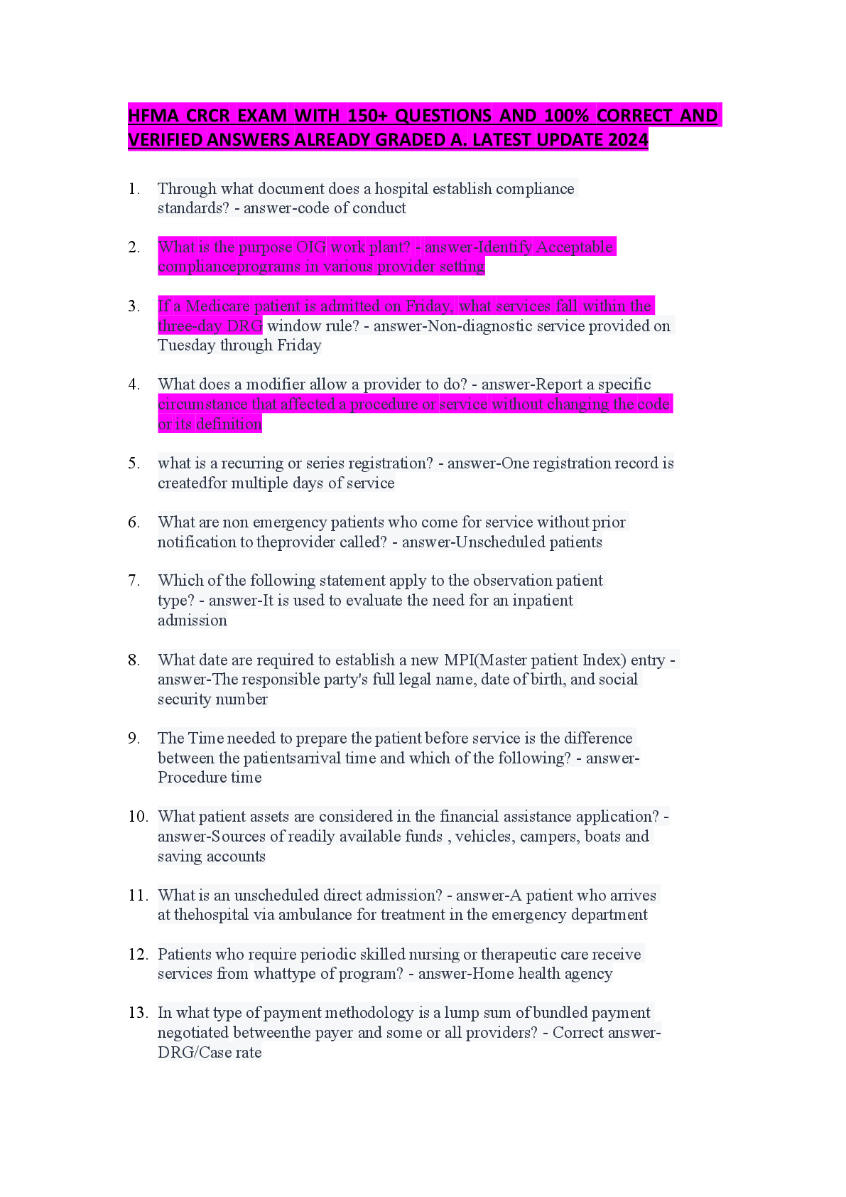 Preview image for HFMA CRCR EXAM WITH 150+ QUESTIONS AND 100% CORRECT AND  VERIFIED ANSWERS ALREADYGRADEDA. LATESTUPDATE2024