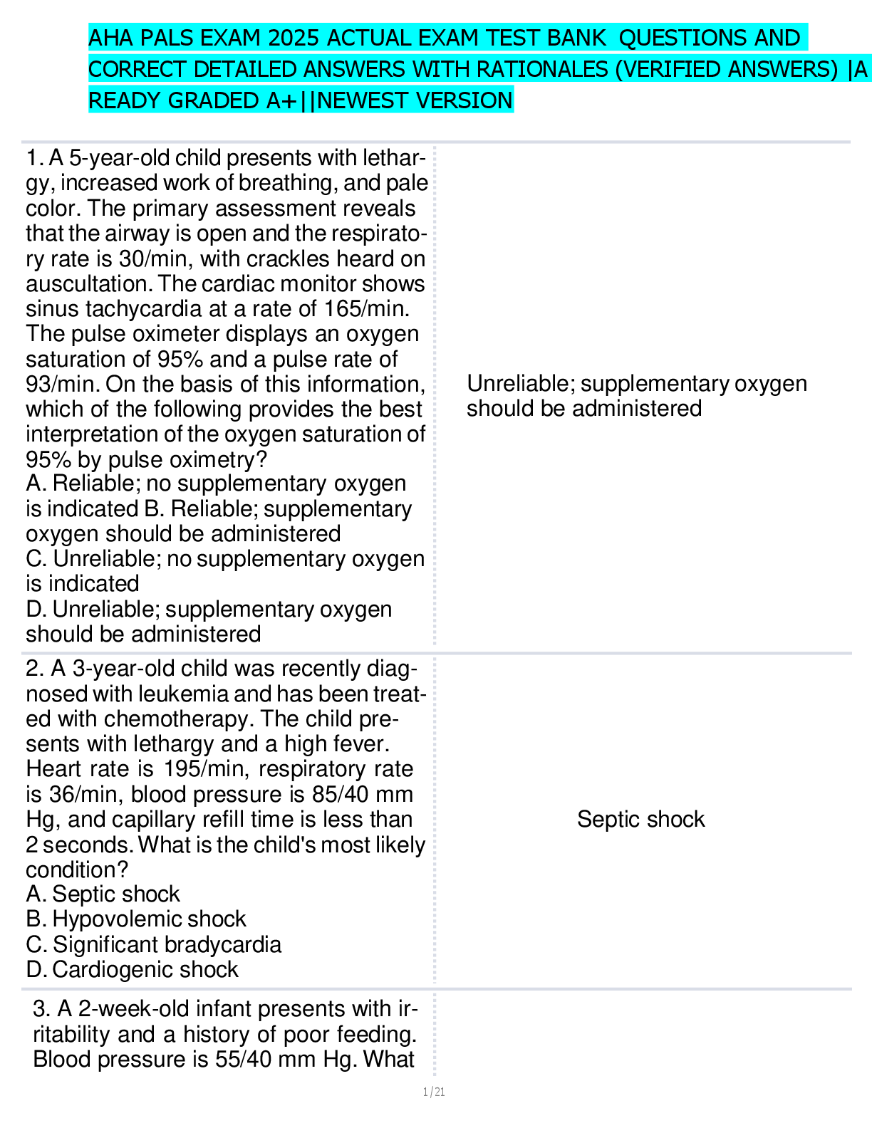 Preview image for AHA PALS EXAM 2025 ACTUAL EXAM TEST BANK QUESTIONS AND  CORRECT DETAILED ANSWERS WITH RATIONALES (VERIFIED ANSWERS) |A  READY GRADED A+||NEWEST VERSION