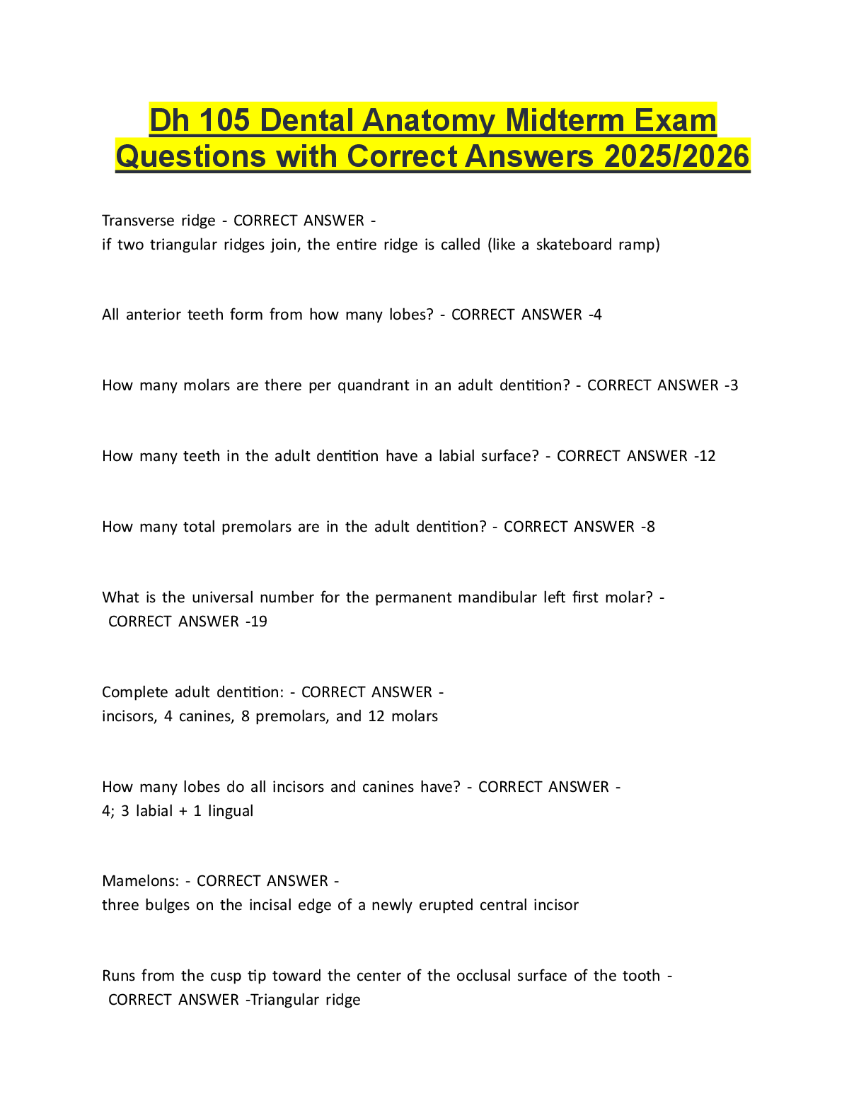 Preview image for Dh 105 Dental Anatomy Midterm Exam  Questions with Correct Answers 2025/2026