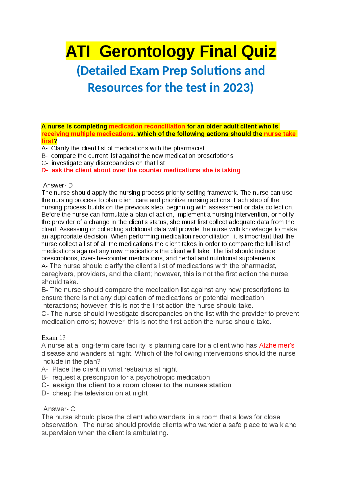 Preview image for Gerontology Final Quiz  (Detailed Exam Prep Solutions and  Resources for the test in 2023)