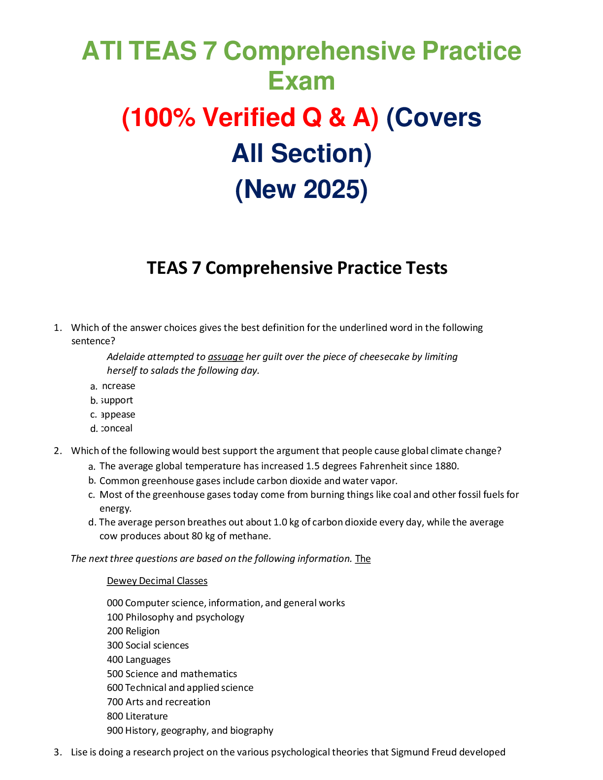 Preview image for TEAS 7 Comprehensive Practice  Exam  (100% Verified Q & A) (Covers  All Section)  (New 2025)  TEAS 7 Comprehensive Practice Tests