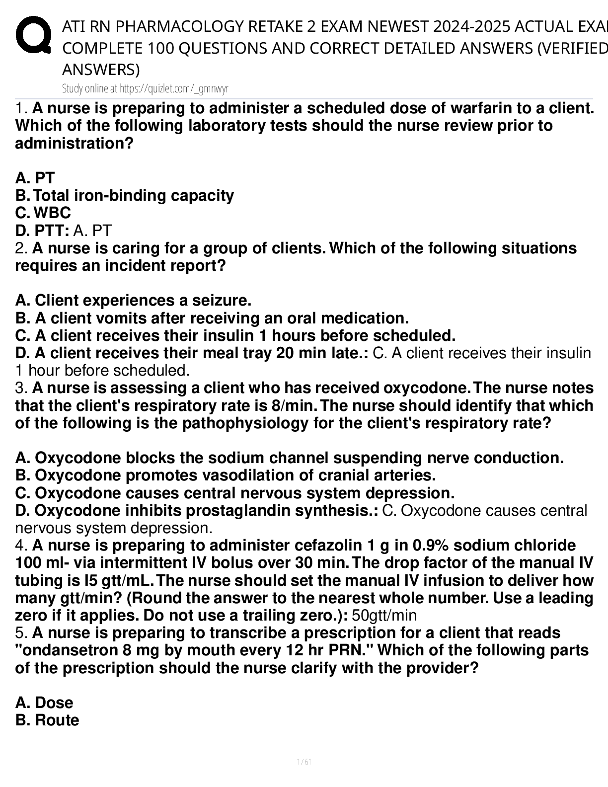 Preview image for RN PHARMACOLOGY RETAKE 2 EXAM NEWEST 2024-2025 ACTUAL EXAM  COMPLETE 100 QUESTIONS AND CORRECT DETAILED ANSWERS (VERIFIED  ANSWERS)