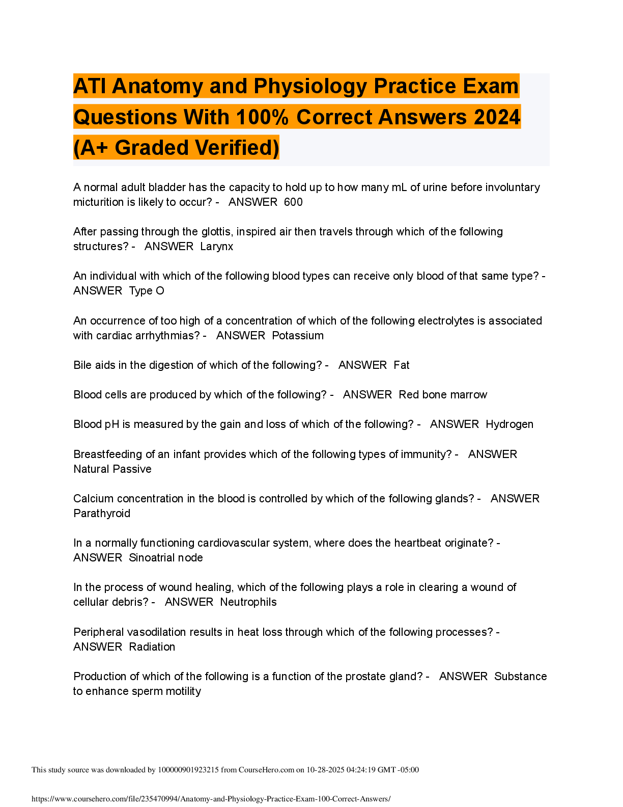 Preview image for Anatomy and Physiology Practice Exam  Questions With 100% Correct Answers 2024  (A+ Graded Verified)