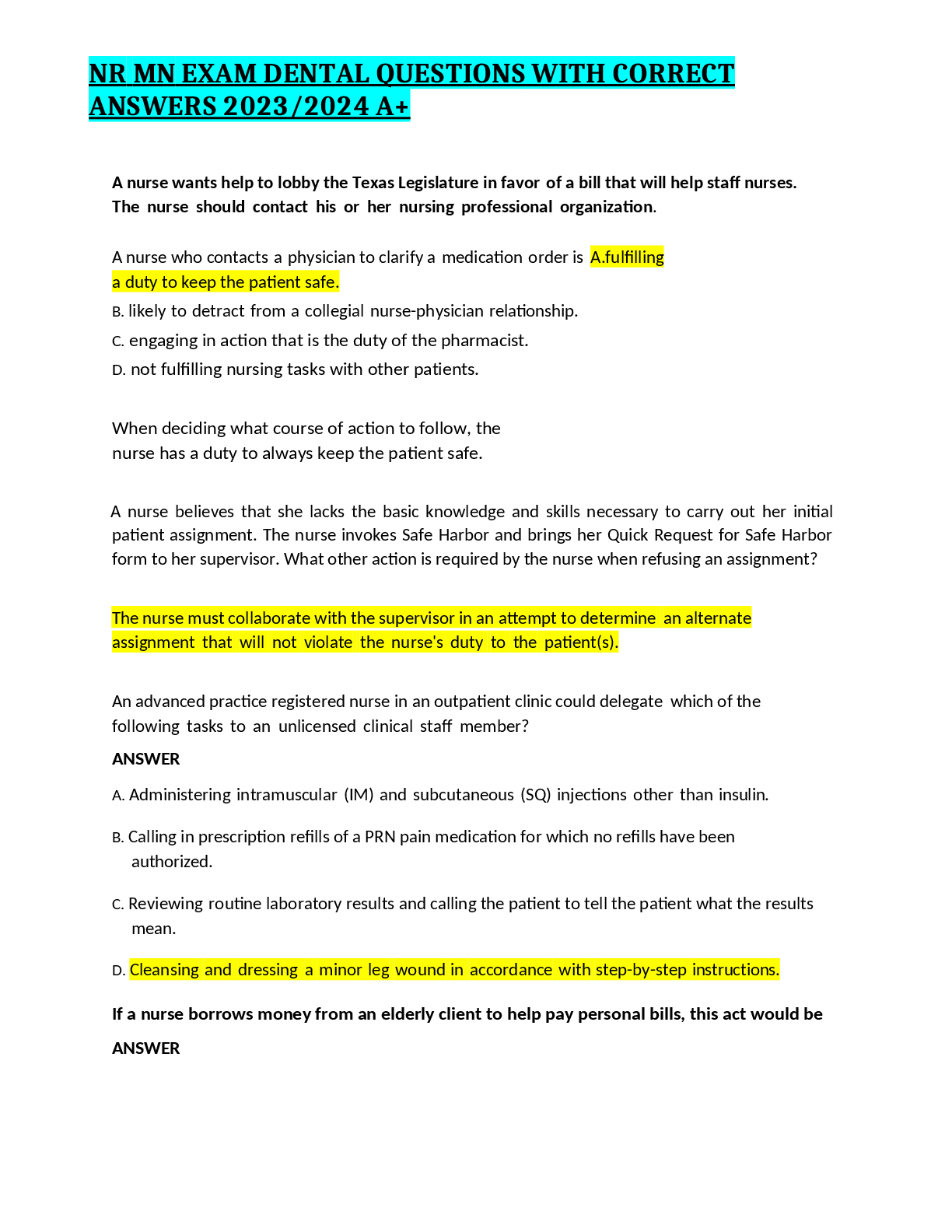 Preview image for MN     EXAM     DENTAL     QUESTIONS     WITH     CORRECT    ANSWERS 2023/2024 A+