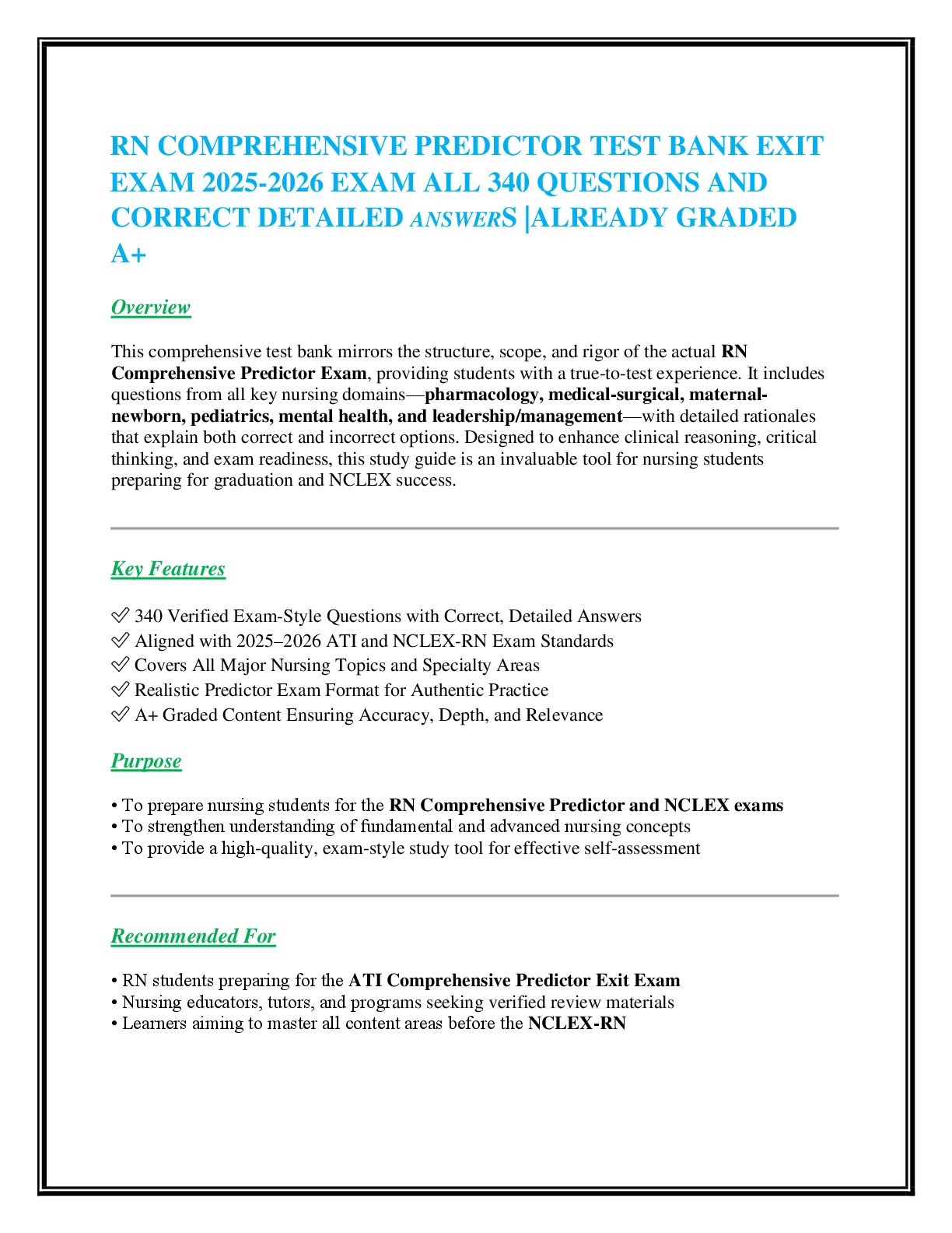 RN COMPREHENSIVE PREDICTOR TEST BANK EXIT   EXAM 2025-2026 EXAM ALL 340 QUESTIONS AND  CORRECT DETAILED ANSWERS |ALREADY GRADED A+