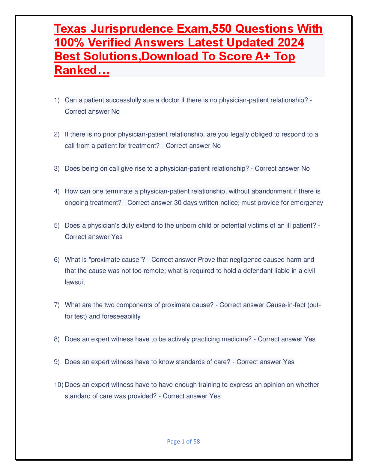 Preview image for Texas Jurisprudence Exam,550 Questions With  100% Verified Answers Latest Updated 2024  Best Solutions,Download To Score A+ Top  Ranked…
