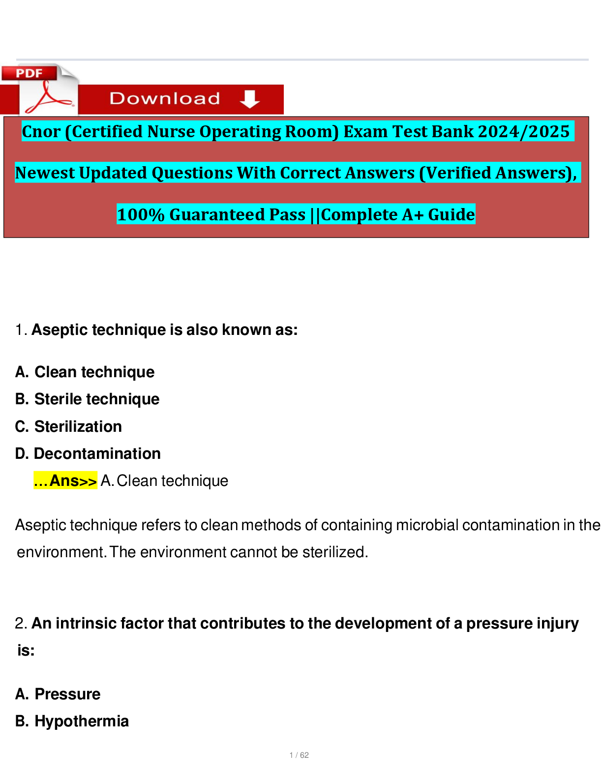 Preview image for Cnor (Certified Nurse Operating Room) Exam Test Bank 2024/2025  Newest Updated Questions With Correct Answers (Verified Answers),  100% Guaranteed Pass ||Complete A+ Guide