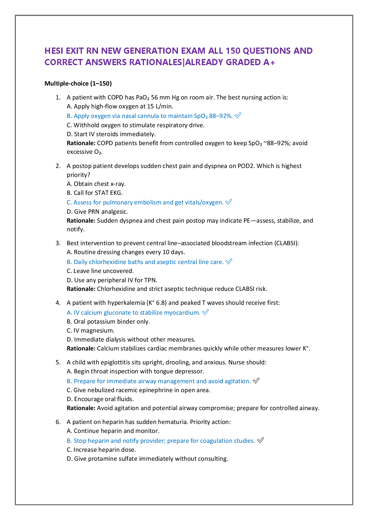 Preview of HESI EXIT RN NEW GENERATION EXAM ALL 150 QUESTIONS AND CORRECT ANSWERS RATIONALES|ALREADY GRADED A+