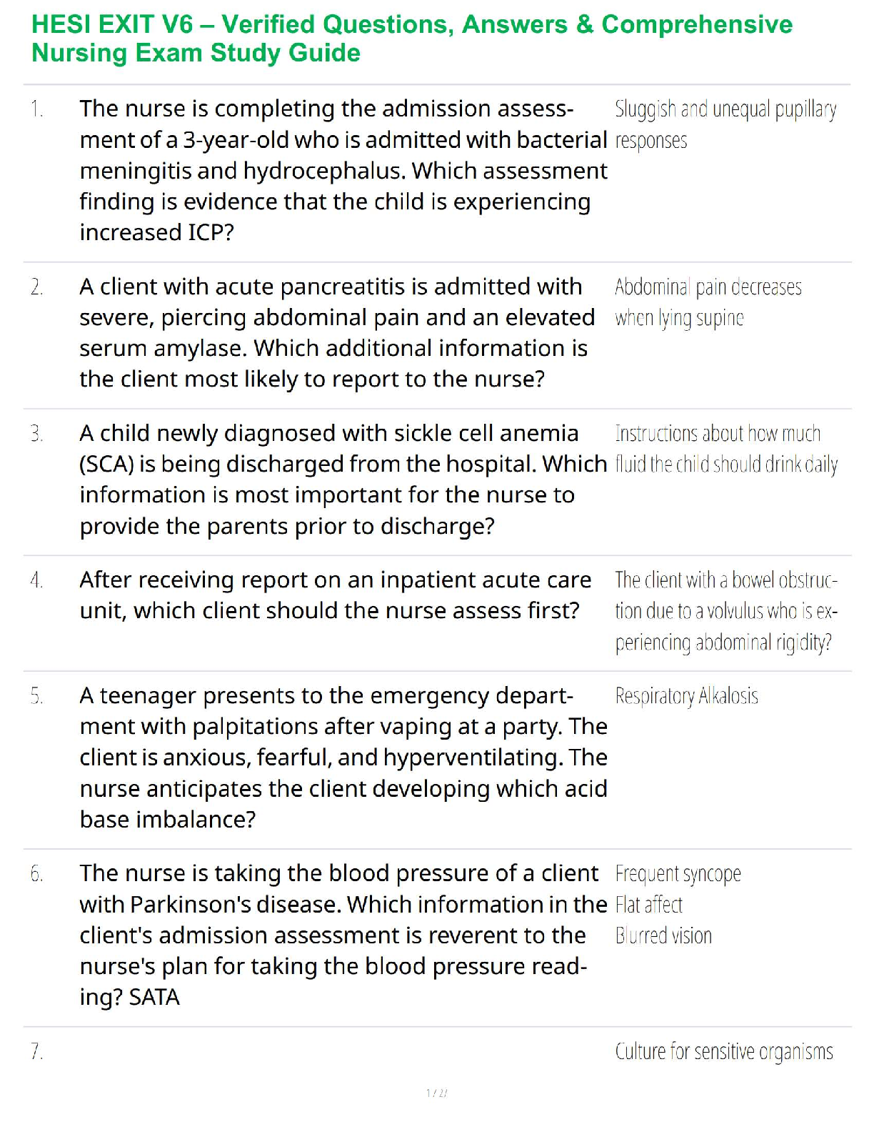 Recommended document preview for HESI EXIT V6 – Verified Questions, Answers & Comprehensive Nursing Exam Study Guide