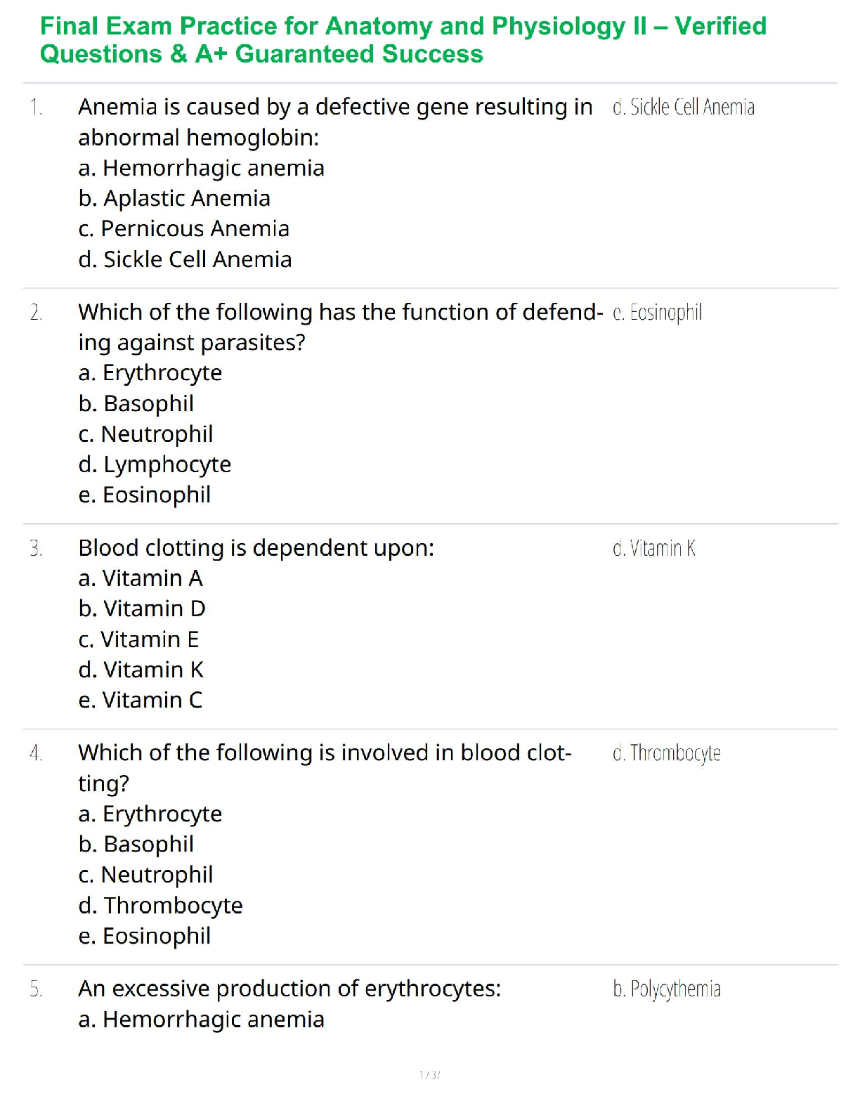 Final Exam Practice for Anatomy and Physiology II – Verified Questions & A+ Guaranteed Success