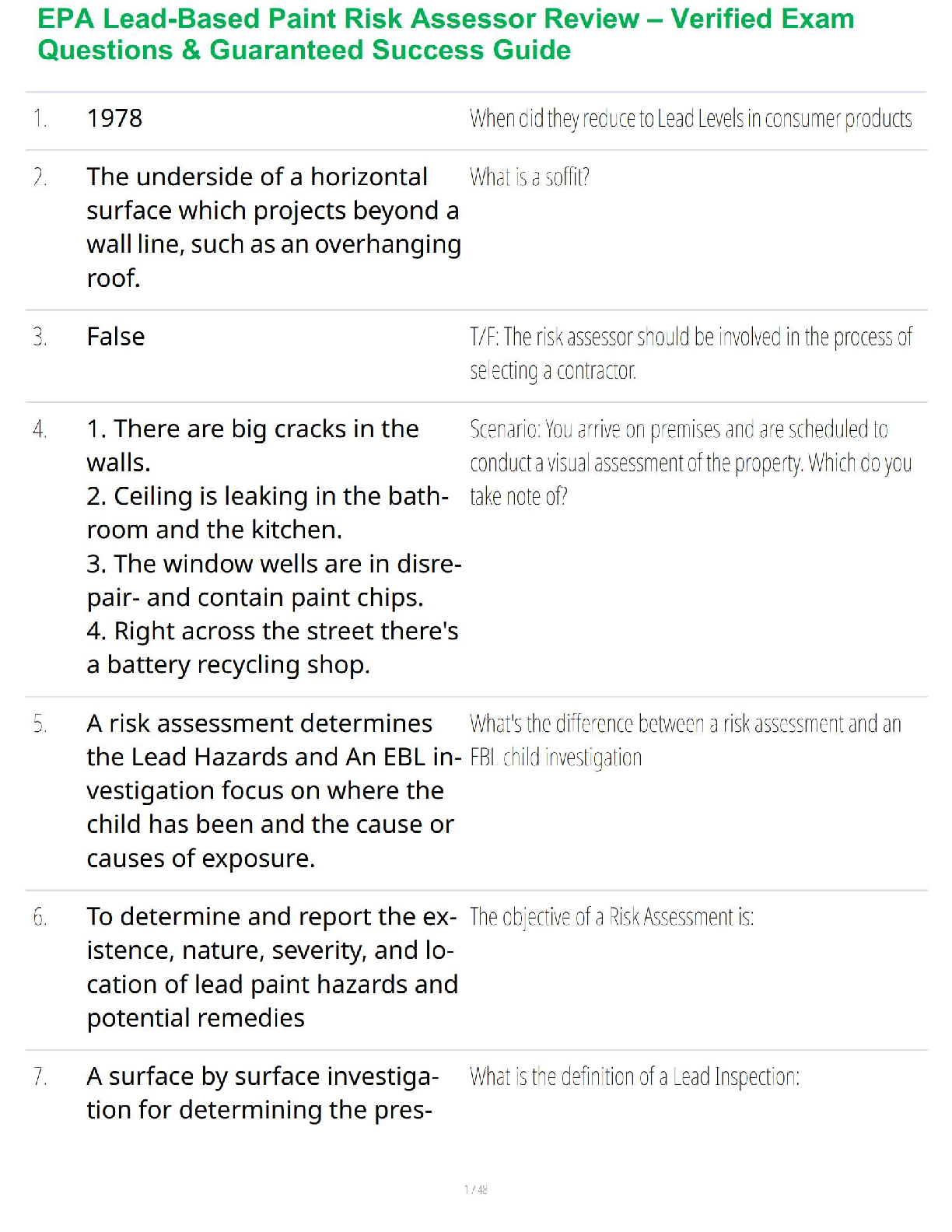 Preview of EPA Lead-Based Paint Risk Assessor Review – Verified Exam Questions &amp; Guaranteed Success Guide
