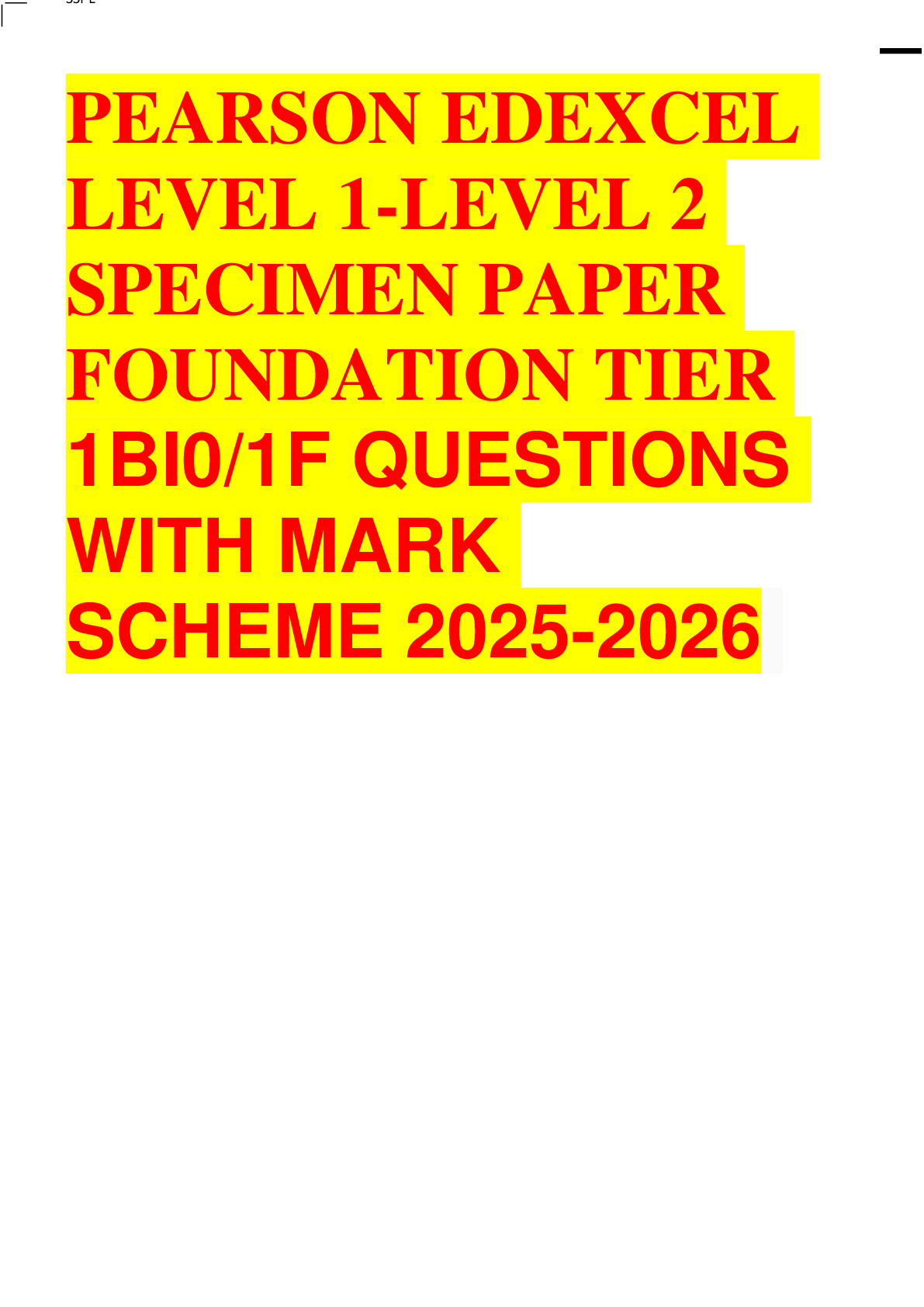 Preview image for PEARSON EDEXCEL LEVEL 1-LEVEL 2 SPECIMEN PAPER FOUNDATION TIER 1BI0/1F QUESTIONS WITH MARK SCHEME 2025-2026
