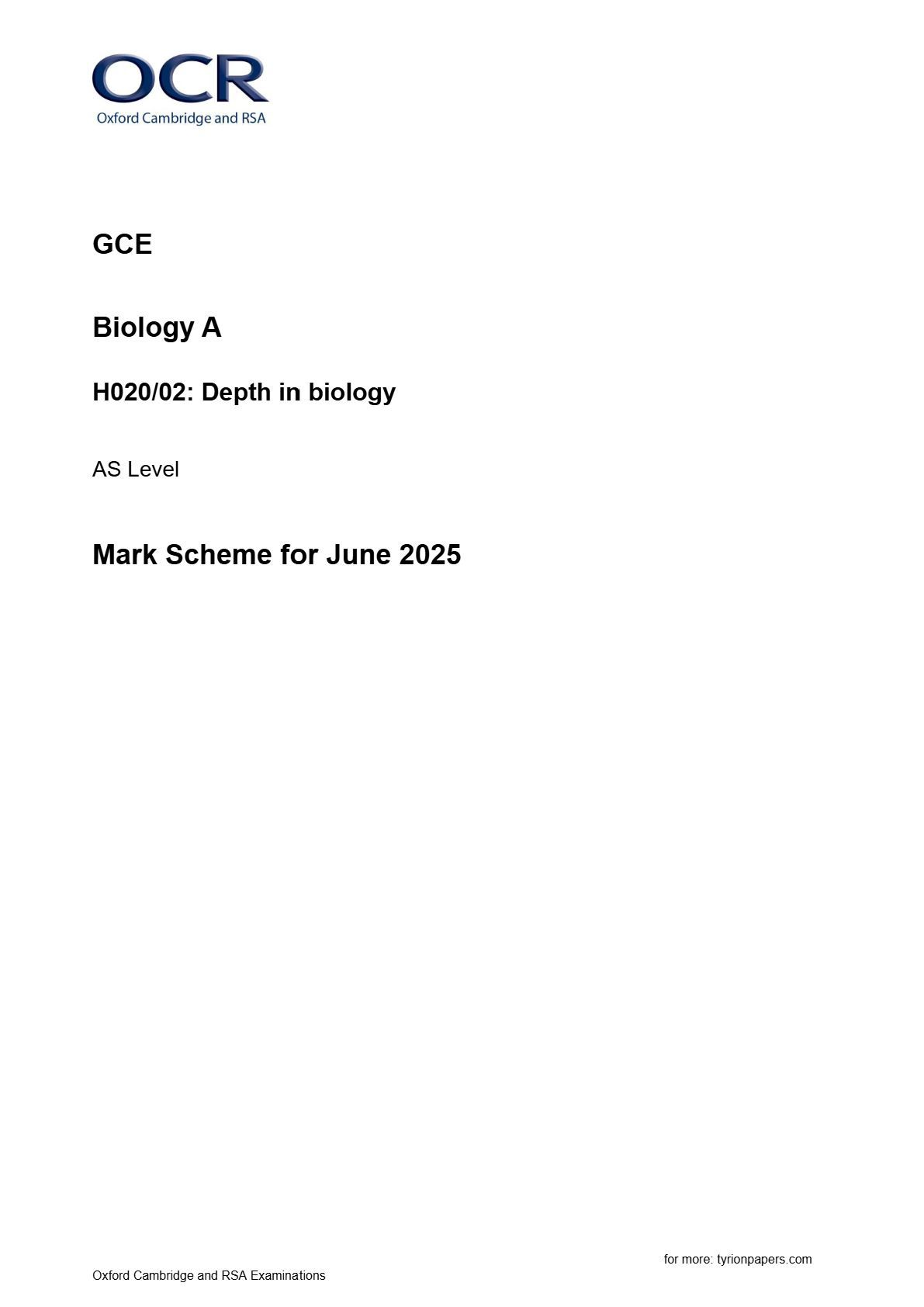 Preview image for OCR GCE Biology A H020/02: Depth in biology AS Level Mark Scheme for June 2025