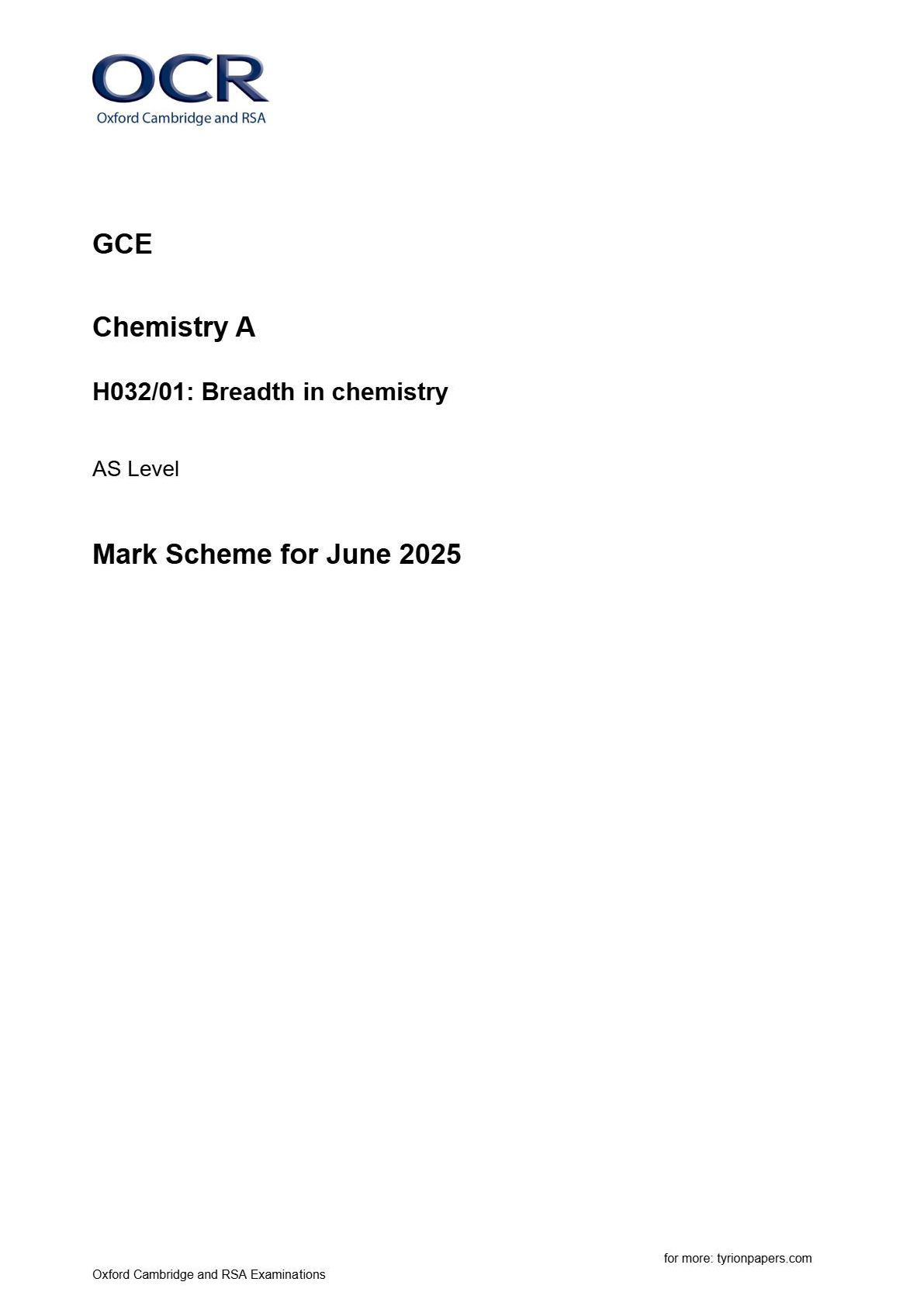 Preview image for OCR GCE Chemistry A H032/01: Breadth in chemistry AS Level Mark Scheme for June 2025