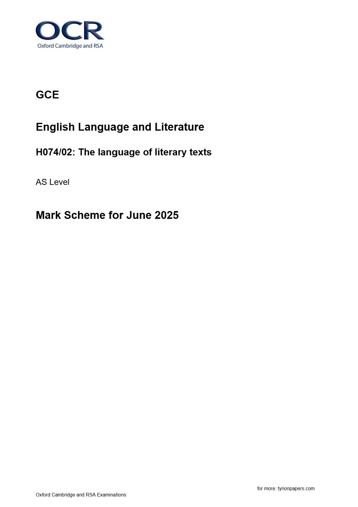 Preview image for OCR GCE English Language and Literature H074/02: The language of literary texts AS Level Mark Scheme for June 2025