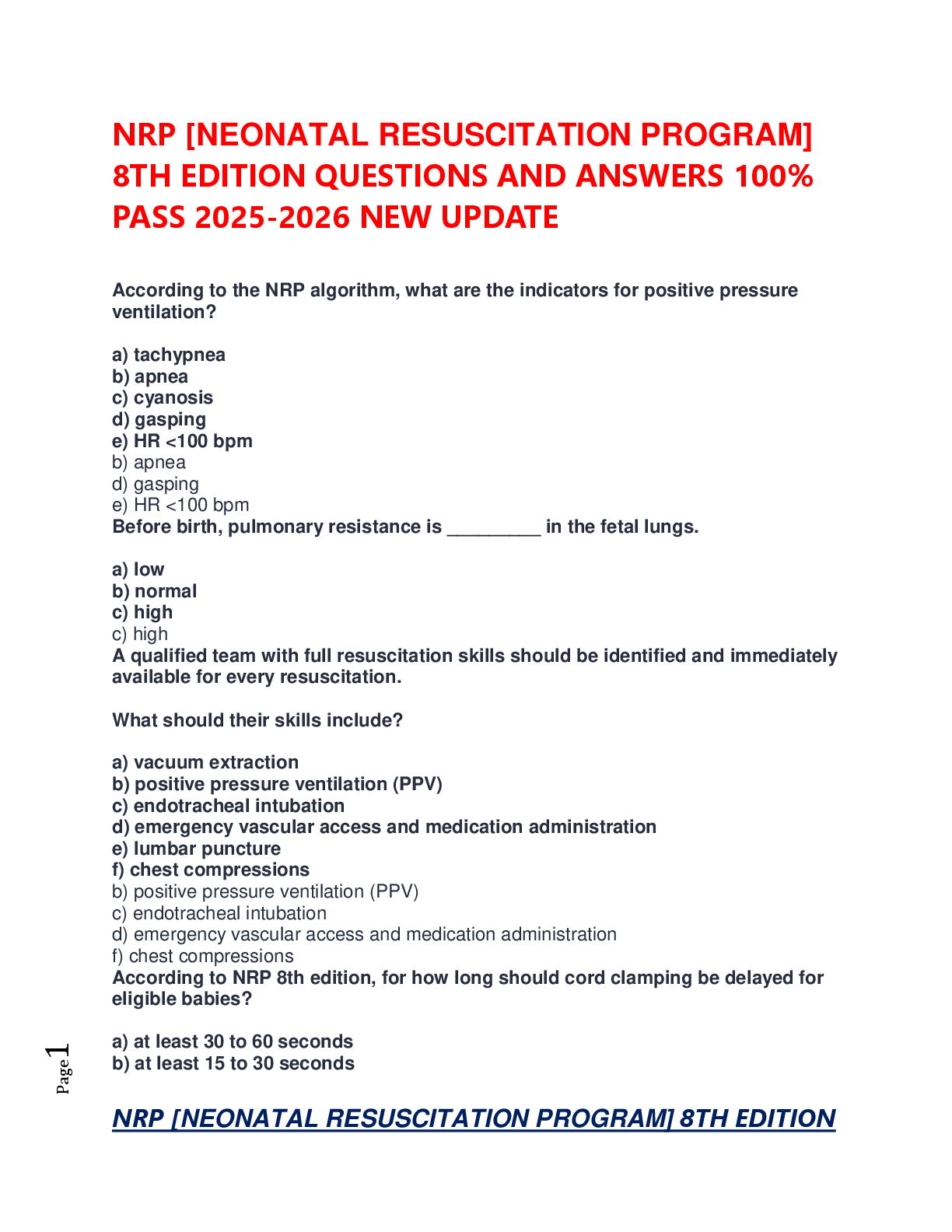 Preview image for NRP [NEONATAL RESUSCITATION PROGRAM] 8TH EDITION QUESTIONS AND ANSWERS 100% PASS 2025-2026 NEW UPDATE