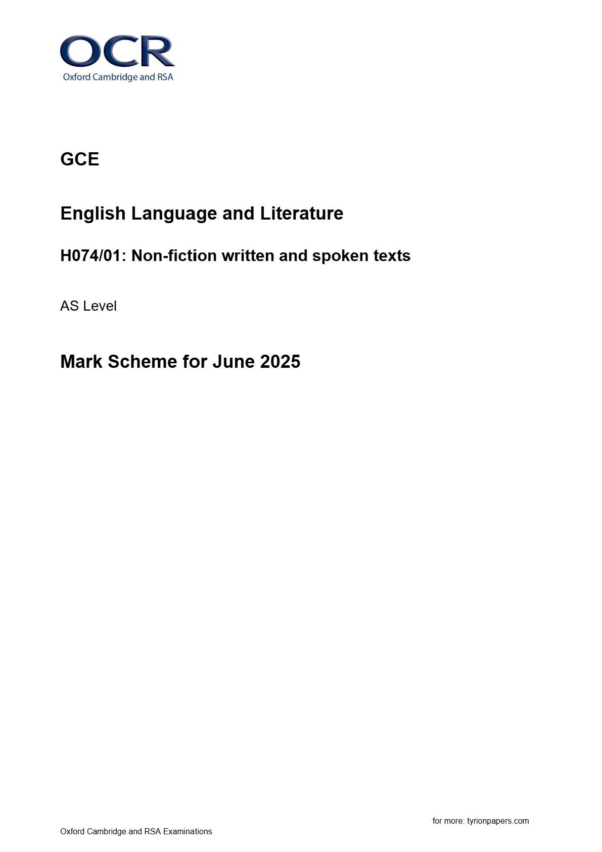 Preview image for OCR GCE English Language and Literature H074/01: Non-fiction written and spoken texts AS Level Mark Scheme for June 2025