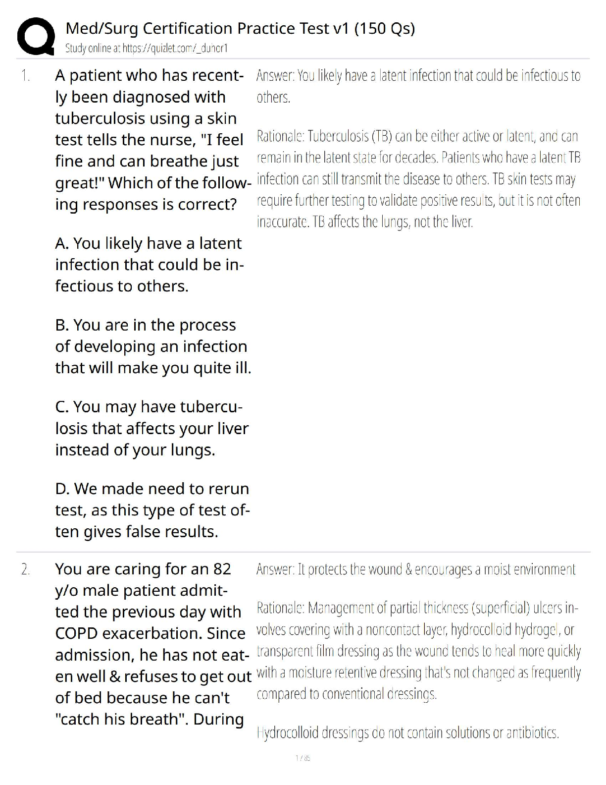 Preview of Med/Surg Certification Practice Test v1 (150 Qs) / Test Bank & Study Guide   2025 Update