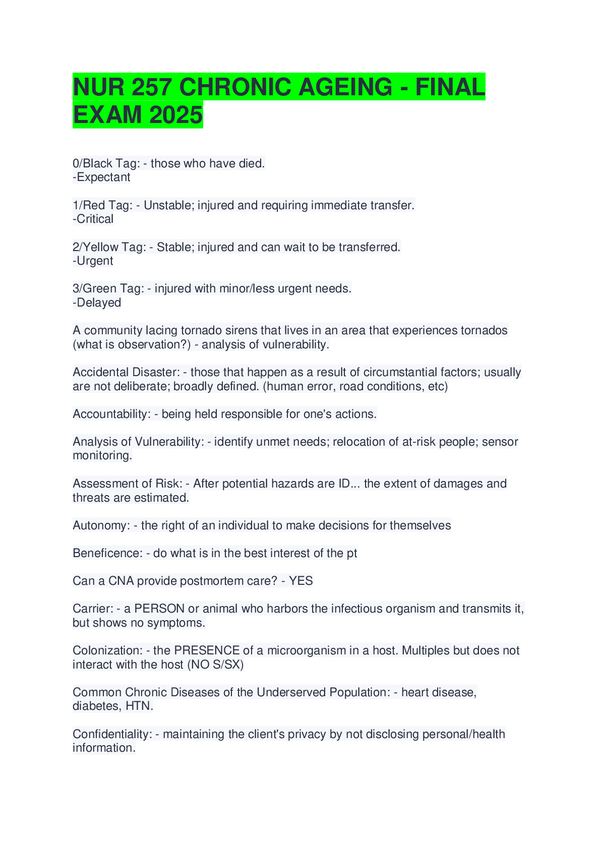 Preview image for NUR 257 CHRONIC AGEING - FINAL EXAM 2025