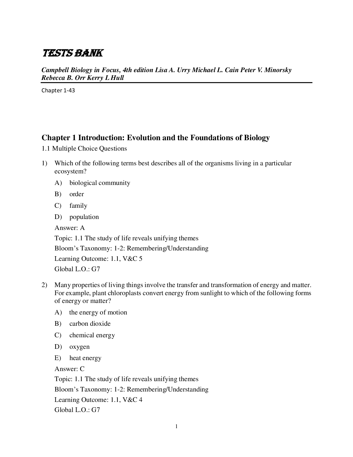 Preview image for Test Bank for Campbell Biology in Focus, 4th edition Lisa A. Urry Michael L. Cain Peter V. Minorsky Rebecca B. Orr Kerry L Hull