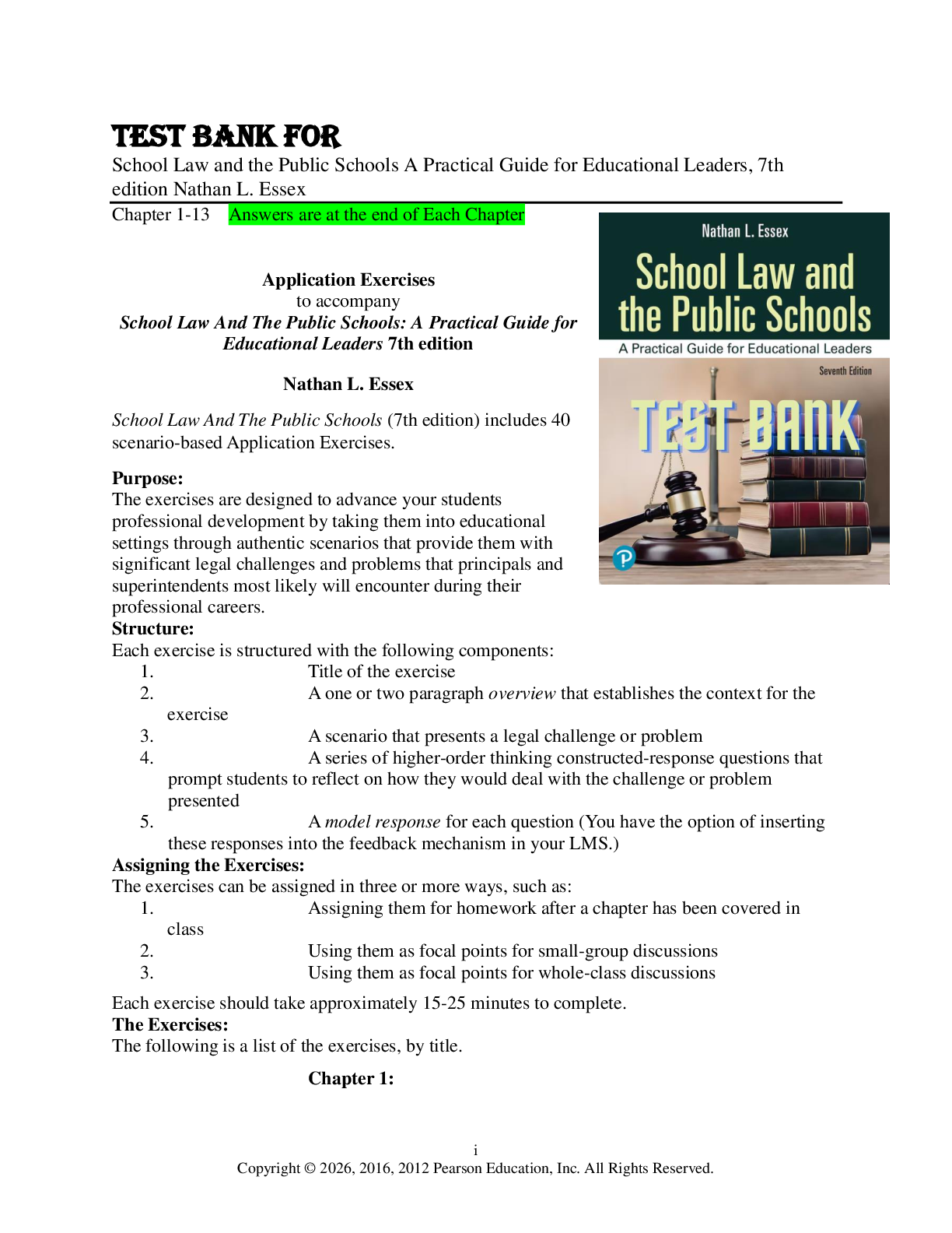 Preview image for Test Bank for School Law and the Public Schools A Practical Guide for Educational Leaders, 7th edition by Nathan L. Essex