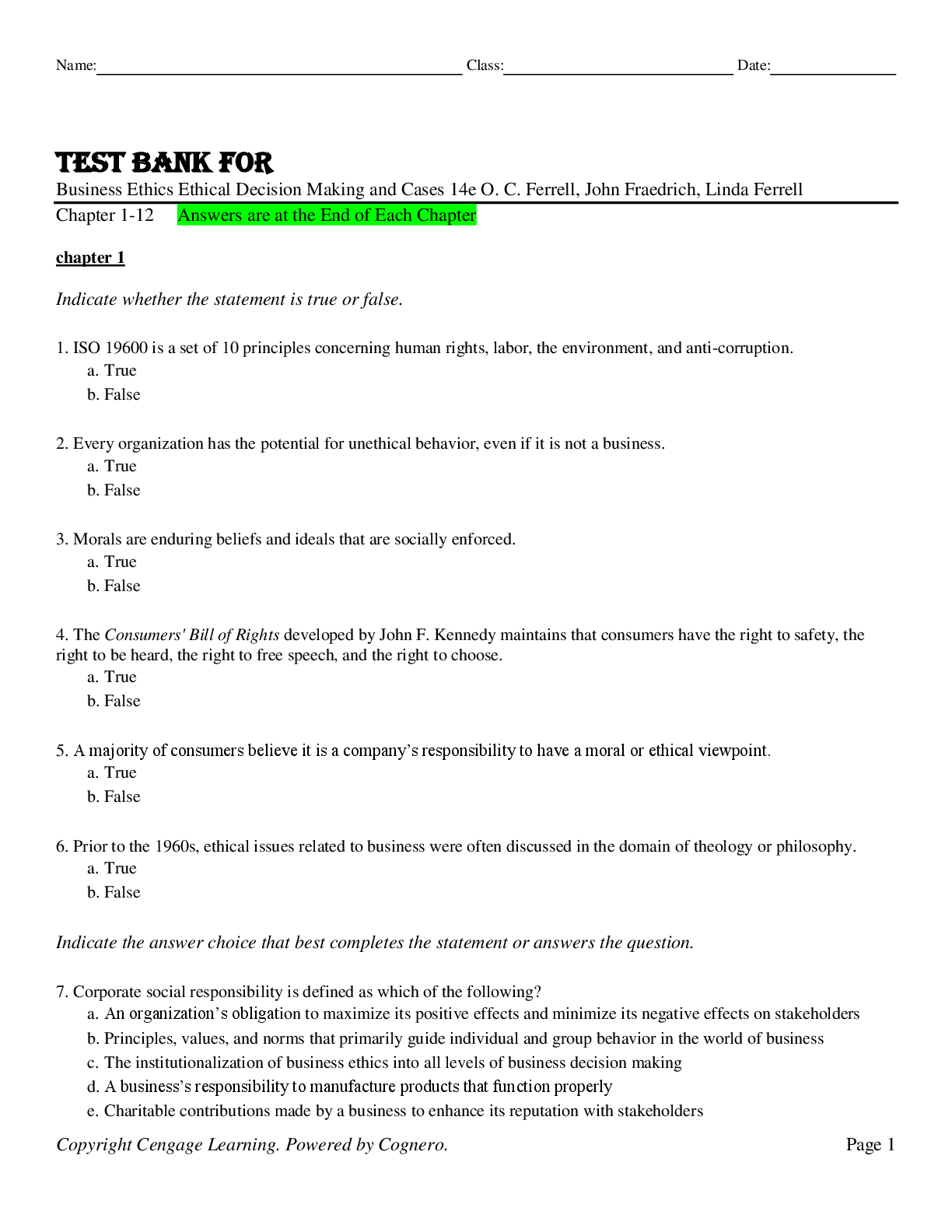 Preview image for Test Bank for Business Ethics Ethical Decision Making and Cases 14e O. C. Ferrell, John Fraedrich, Linda Ferrell  Copyright 2026