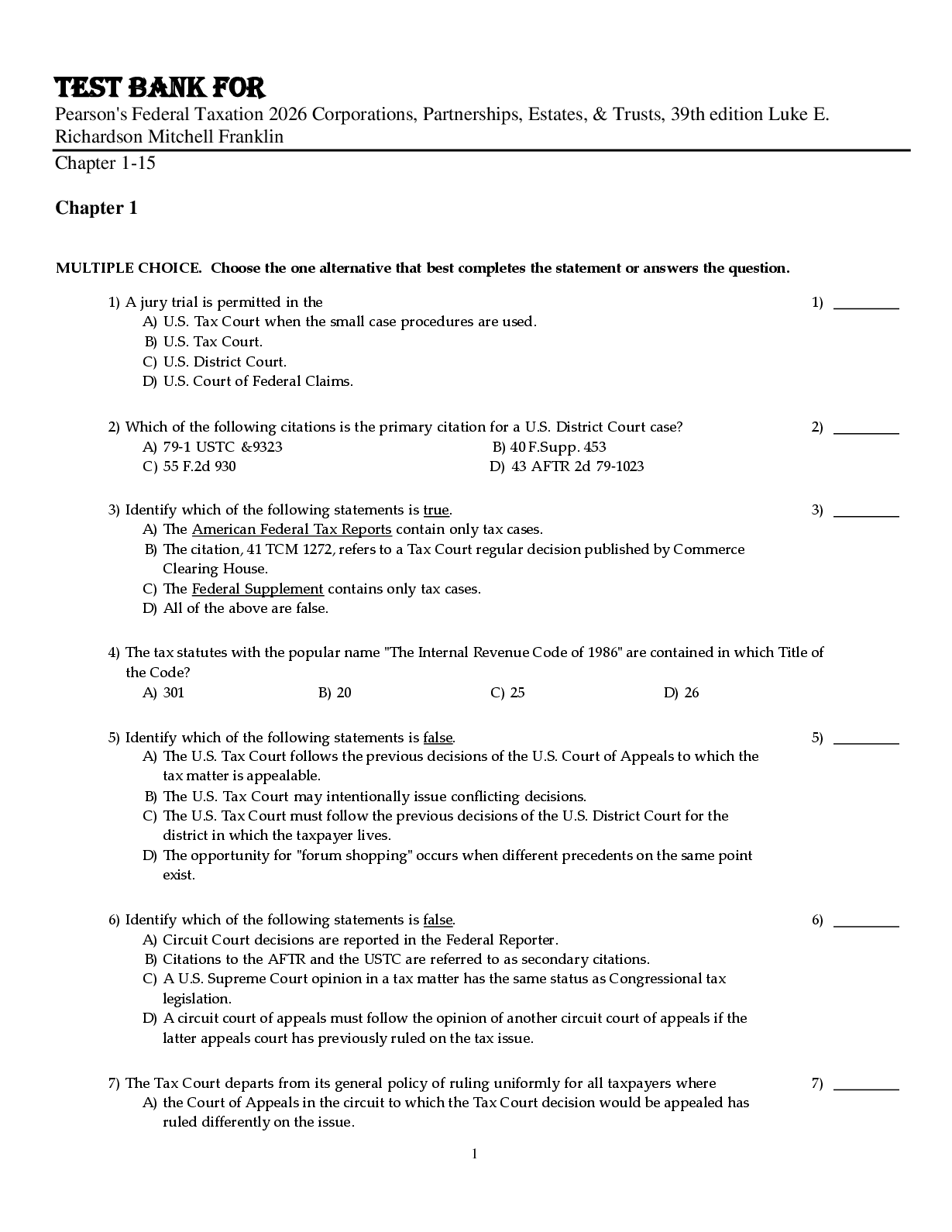 Preview image for Test Bank for Pearson's Federal Taxation 2026 Corporations, Partnerships, Estates, & Trusts, 39th edition Luke E. Richardson Mitchell Franklin