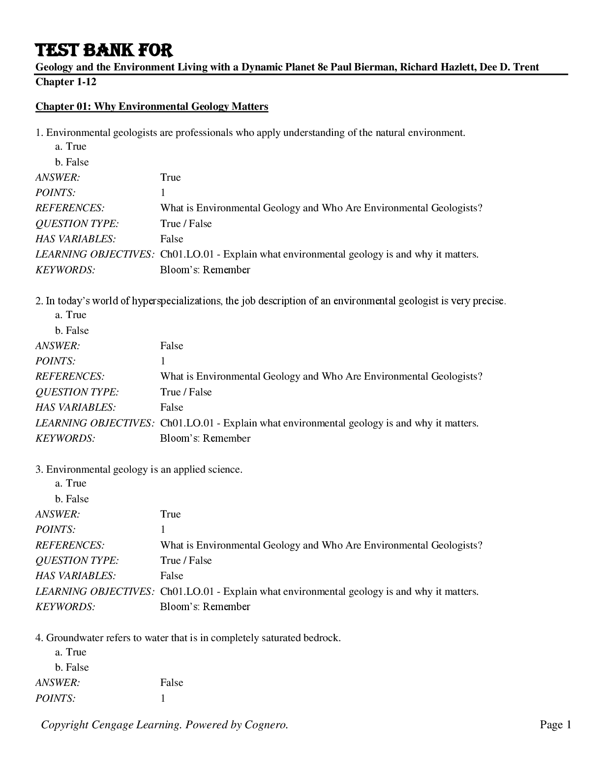 Preview image for Test Bank for Geology and the Environment Living with a Dynamic Planet 8th Edition by Paul Bierman, Richard Hazlett, Dee D. Trent