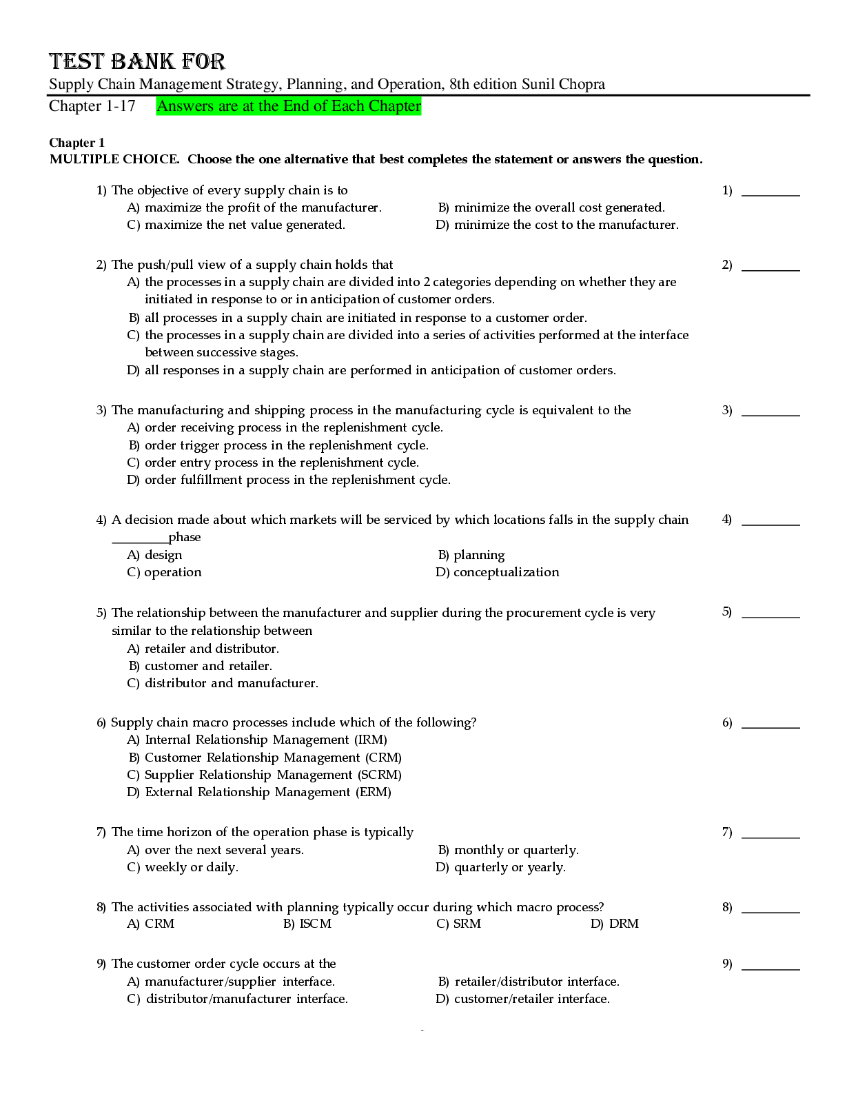 Preview image for Test Bank for Supply Chain Management Strategy, Planning, and Operation, 8th edition Sunil Chopra
