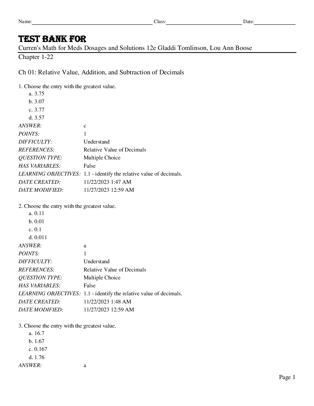 Preview image for Test Bank for Curren's Math for Meds Dosages and Solutions 12th Edition by Gladdi Tomlinson, Lou Ann Boose