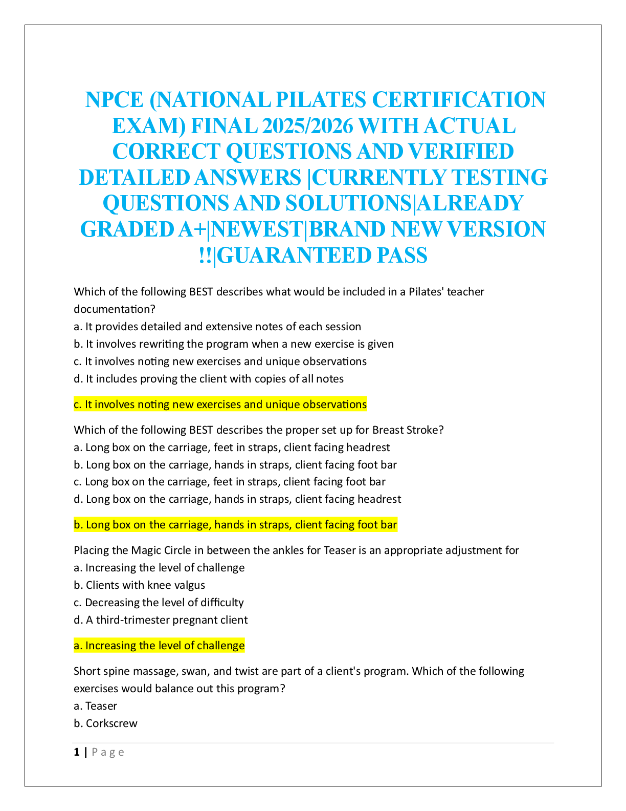 Preview image for NPCE (NATIONAL PILATES CERTIFICATION  EXAM) FINAL  