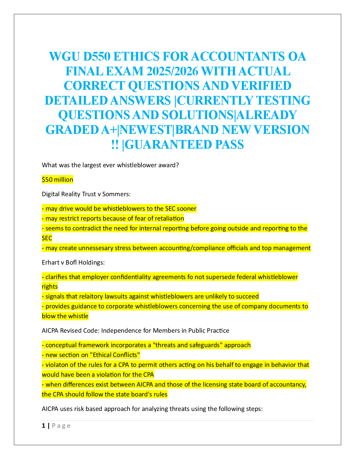 Preview image for WGU D550 ETHICS FOR ACCOUNTANTS OA  FINAL EXAM  