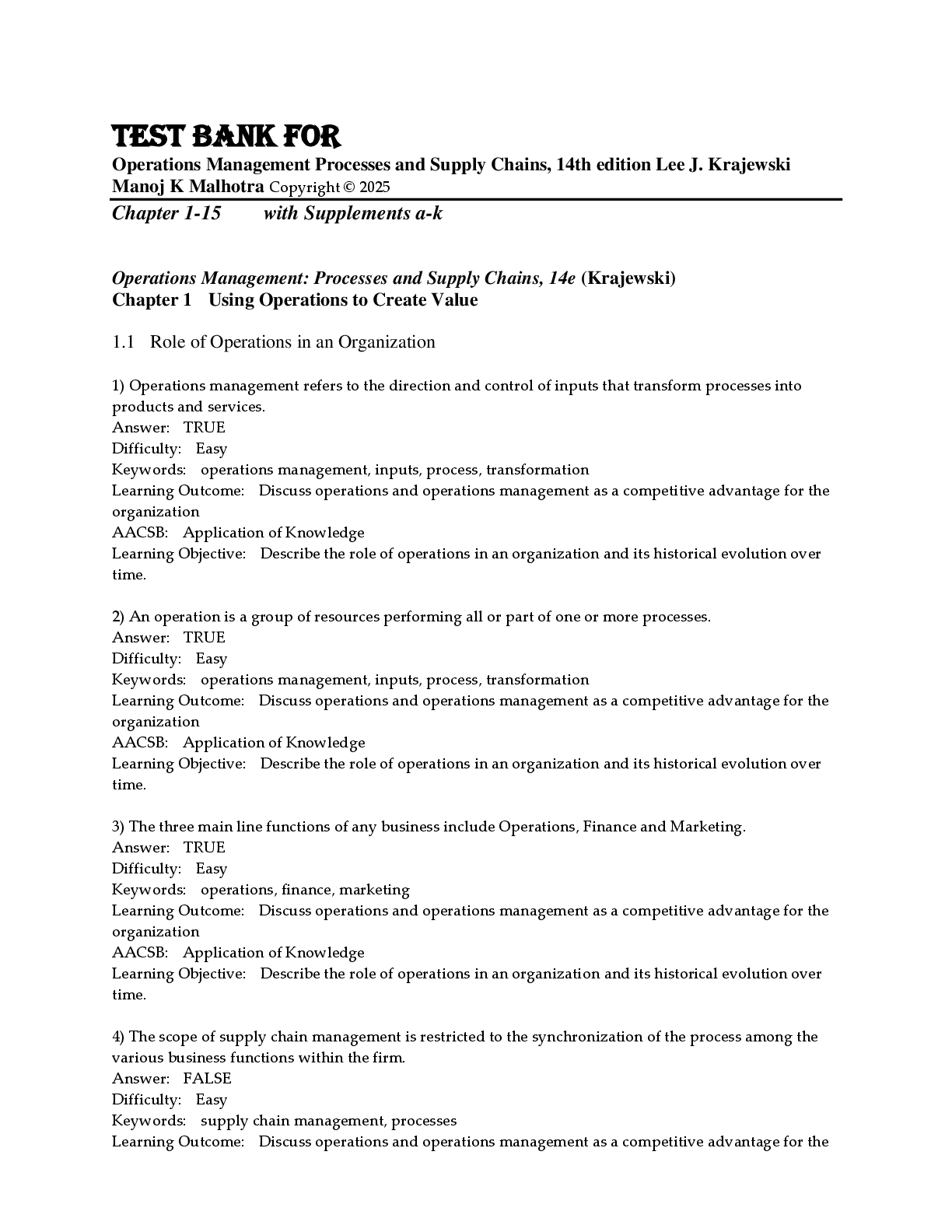 Preview image for Test Bank for Operations Management Processes and Supply Chains, 14th edition Lee J. Krajewski Manoj K Malhotra