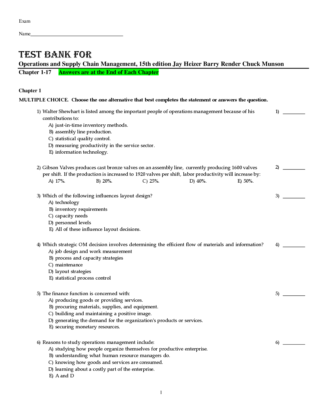 Preview image for Test Bank for Operations and Supply Chain Management, 15th edition Jay Heizer Barry Render Chuck Munson