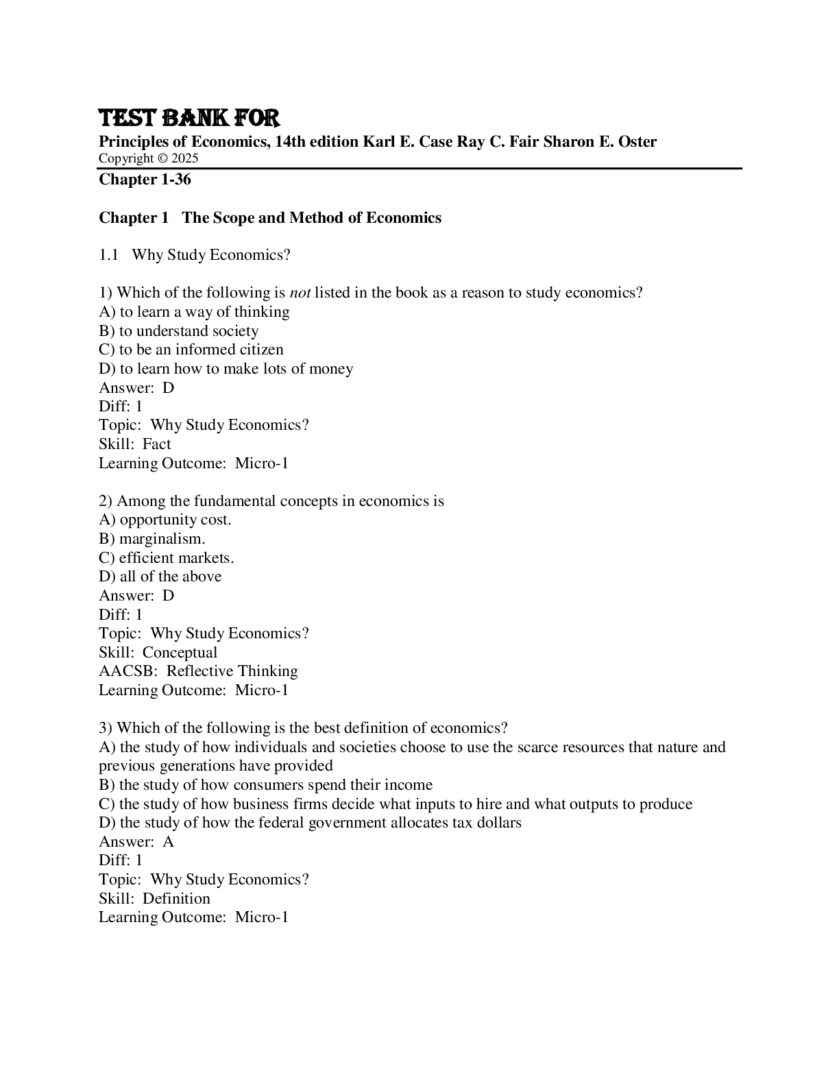 Preview image for Test Bank for Principles of Economics, 14th edition Karl E. Case Ray C. Fair Sharon E. Oster