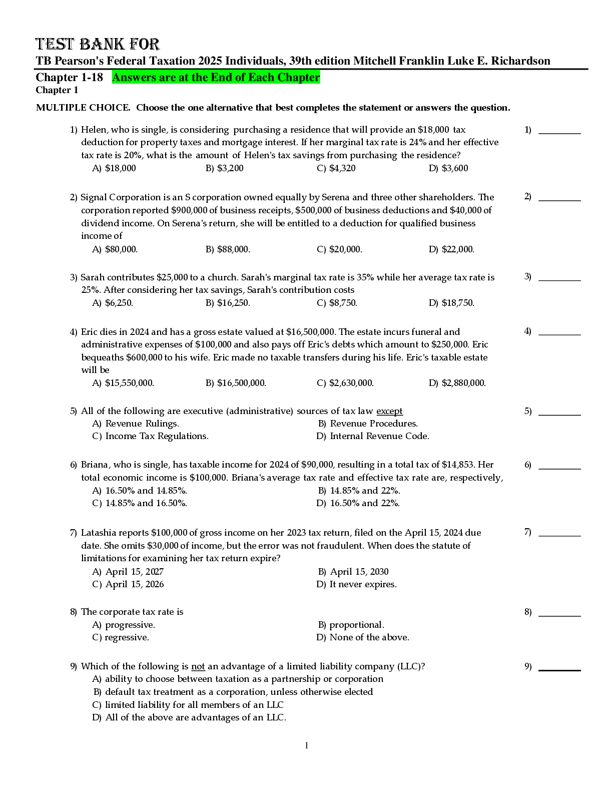 Preview image for Test Bank for Pearson's Federal Taxation 2025 Individuals, 39th edition Mitchell Franklin Luke E. Richardson