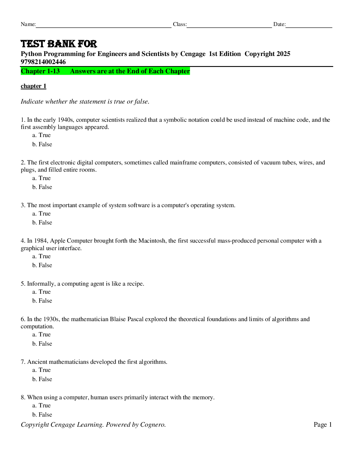 Preview image for Test Bank For Python Programming for Engineers and Scientists by Cengage  1st Edition  Copyright 2025 9798214002446