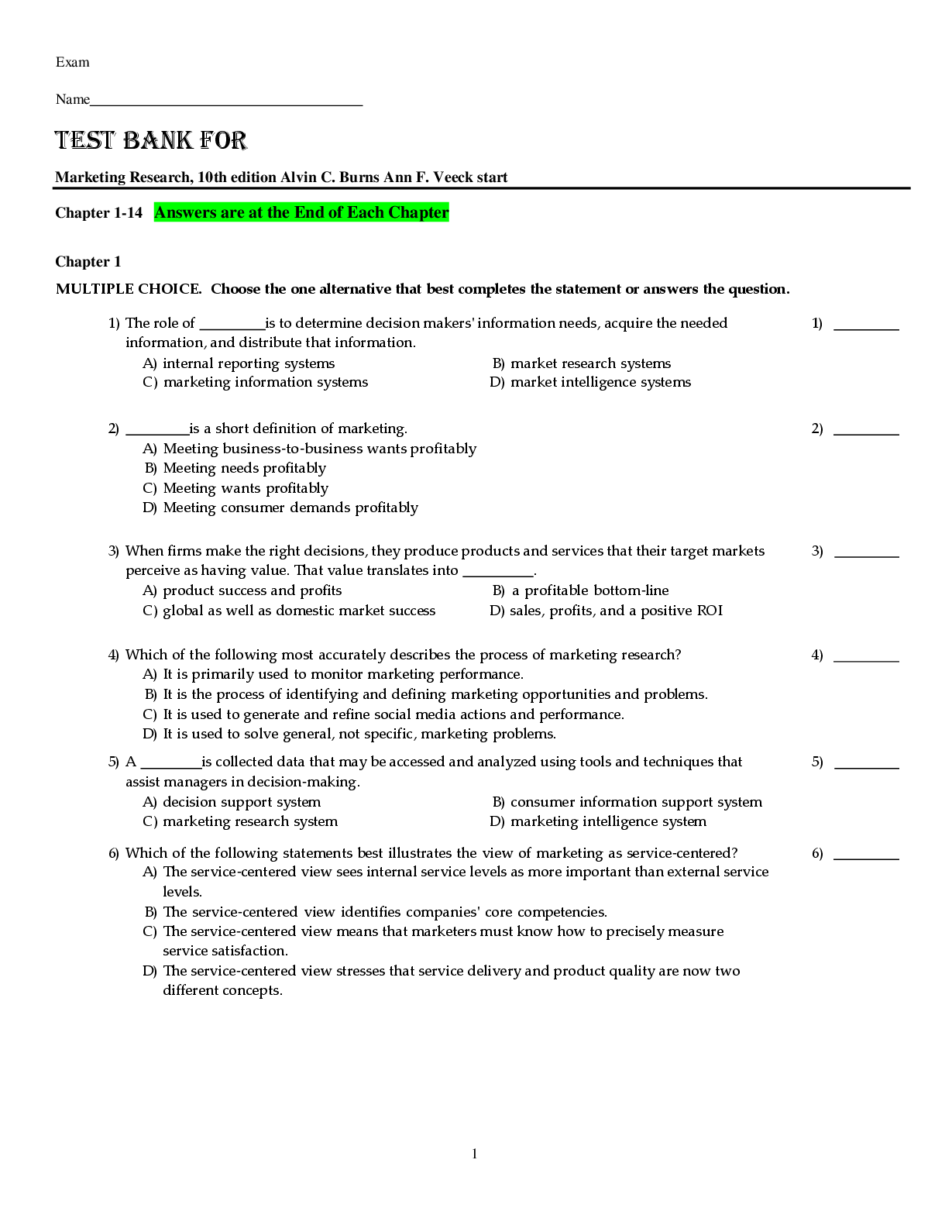 Preview image for Test Bank For Marketing Research, 10th edition Alvin C. Burns Ann F. Veeck start