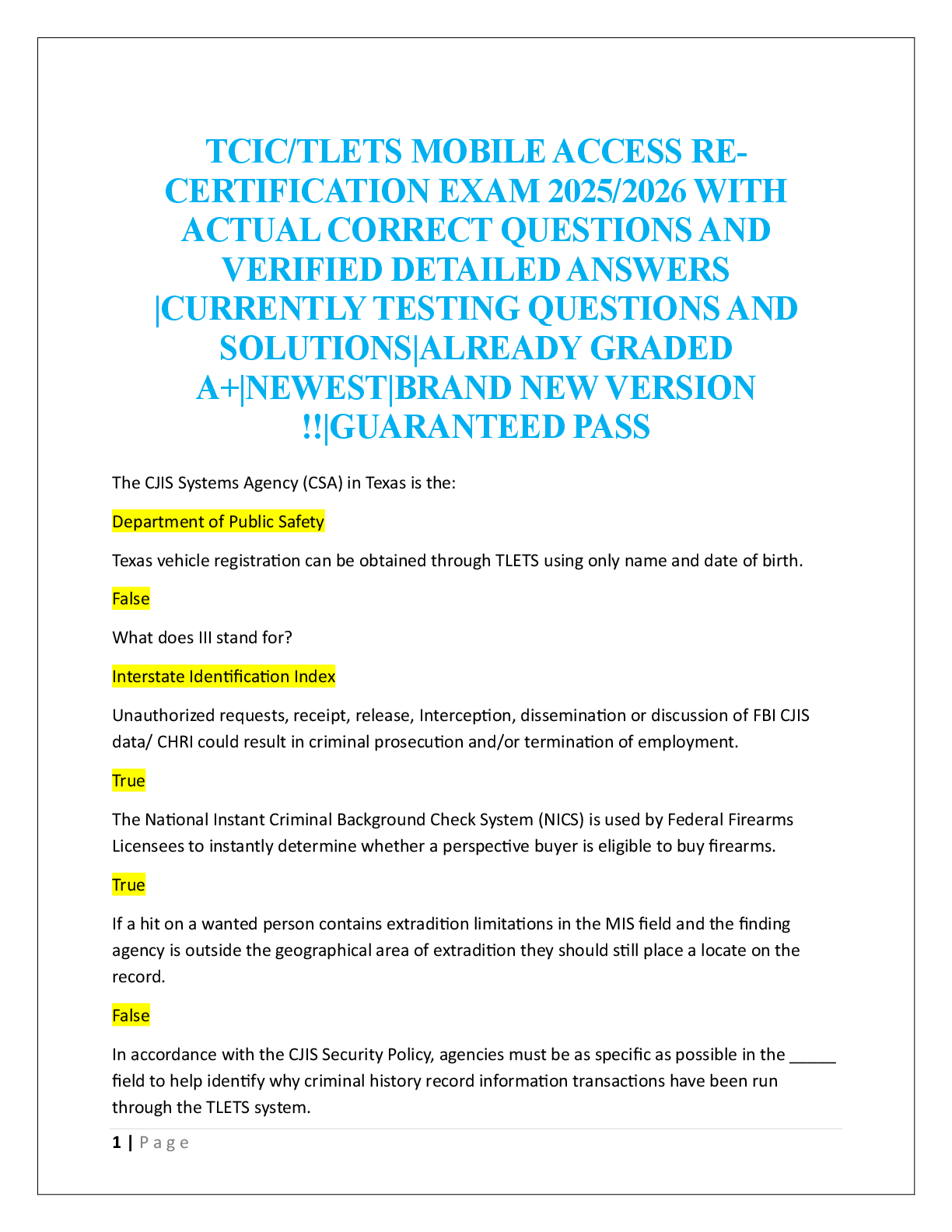 Preview image for TCIC/TLETS MOBILE ACCESS RE CERTIFICATION EXAM  