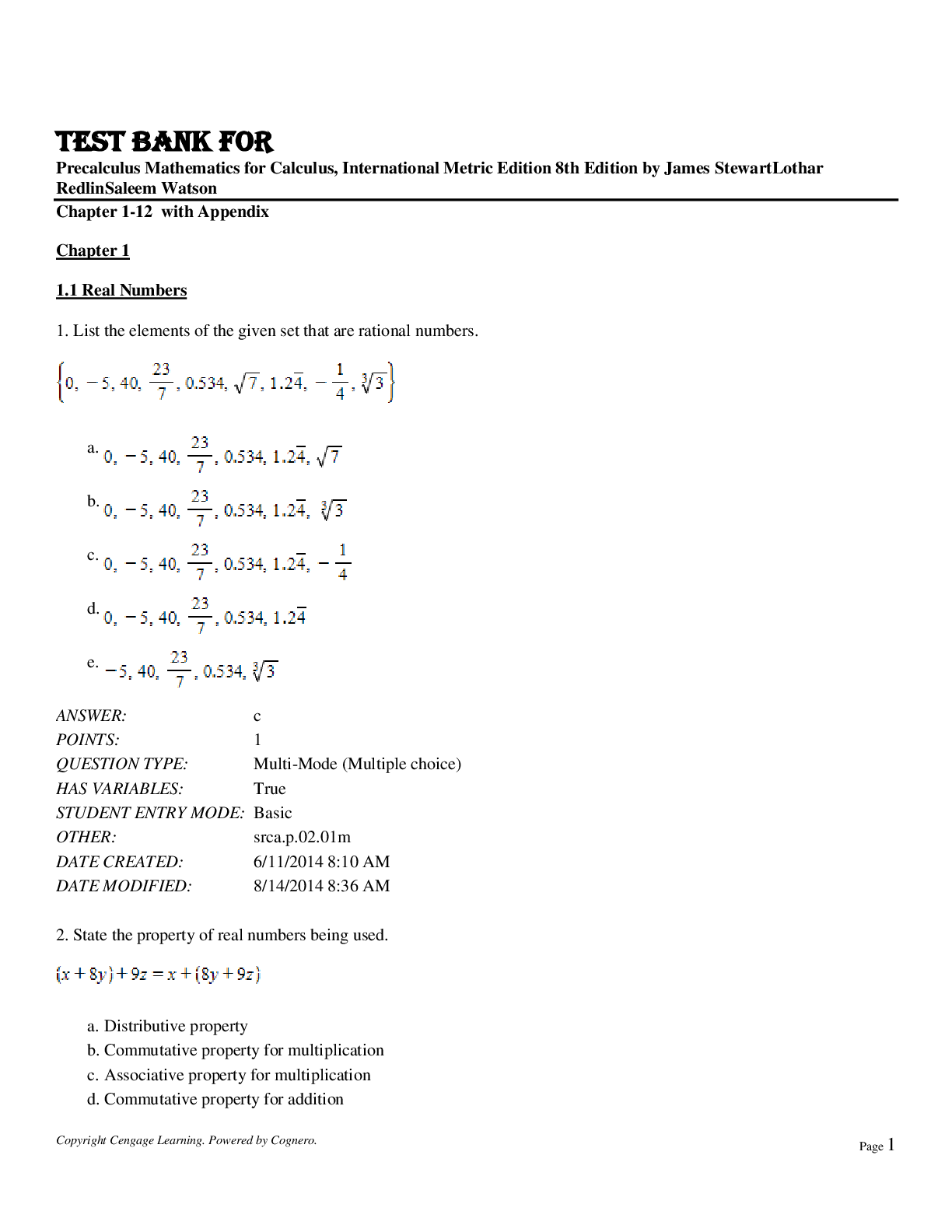 Preview image for Test Bank For Precalculus Mathematics for Calculus, International Metric Edition 8th Edition by James StewartLothar RedlinSaleem Watson Chapter 1-12