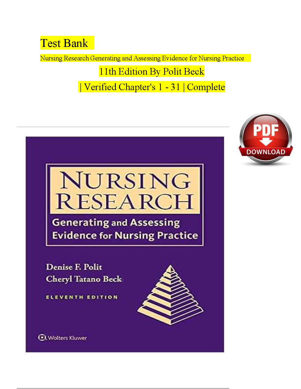 Preview image for Test Bank Nursing Research Generating and Assessing Evidence for Nursing Practice 11th Edition By Polit Beck | Verified Chapter's 1 - 31 | Complete
