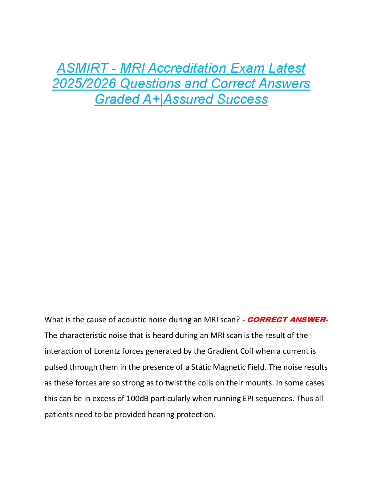 Preview image for ASMIRT - MRI Accreditation Exam Latest  2025/2026 Questions and Correct Answers  Graded A+|Assured Success