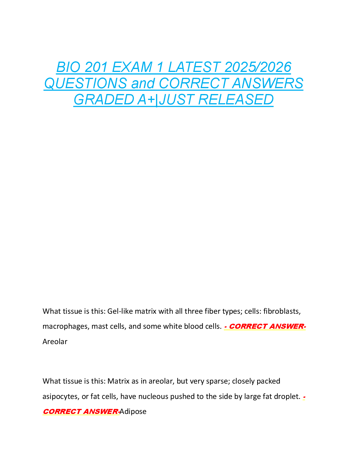 BIO 201 EXAM 1 LATEST 2025/2026  QUESTIONS and CORRECT ANSWERS  GRADED A+|JUST RELEASED